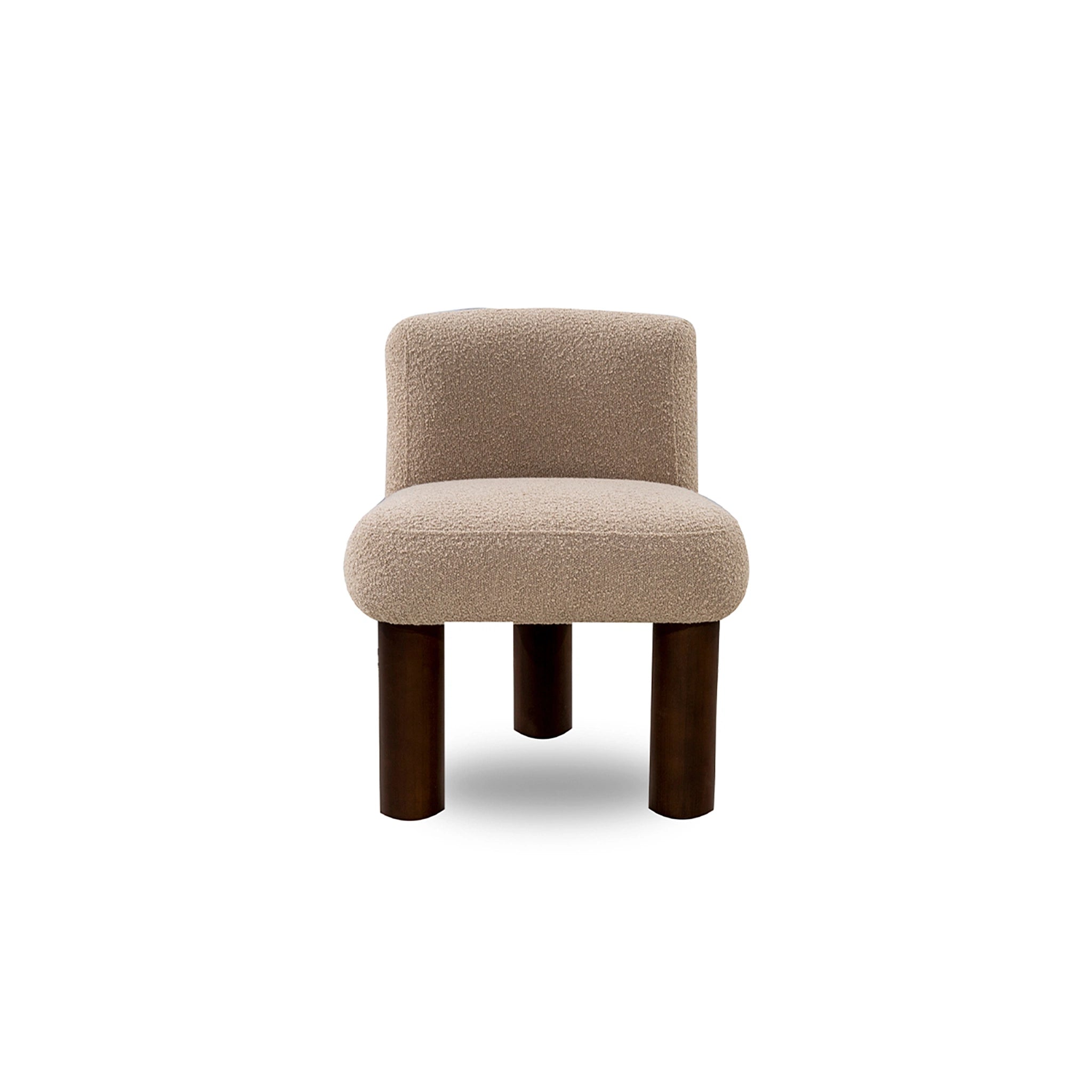 Beige cushioned stool with wooden legs on a white background