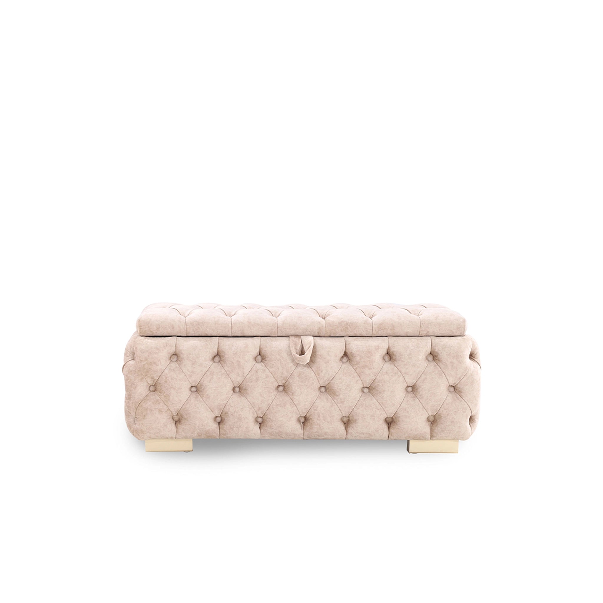 Beige tufted storage bench on a white background