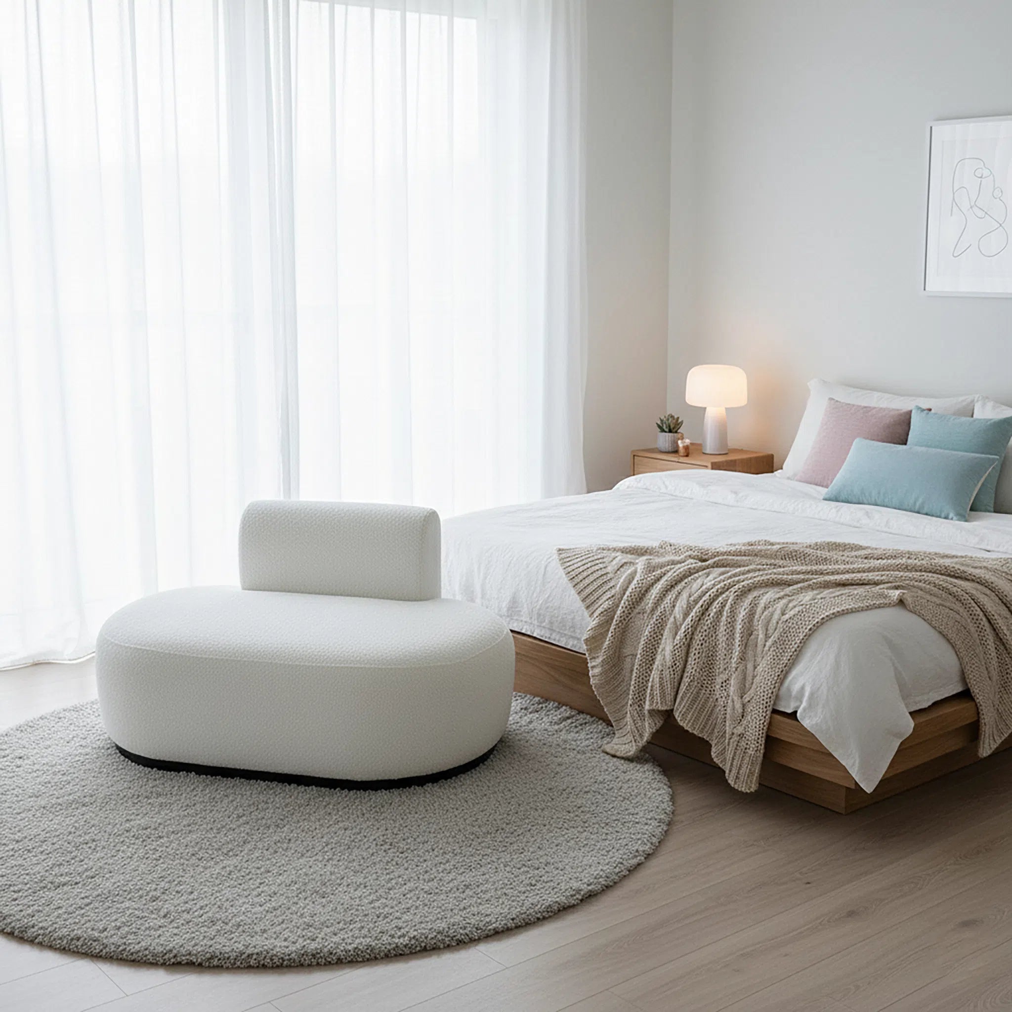 Modern bedroom with a bed, ottoman, and round rug.