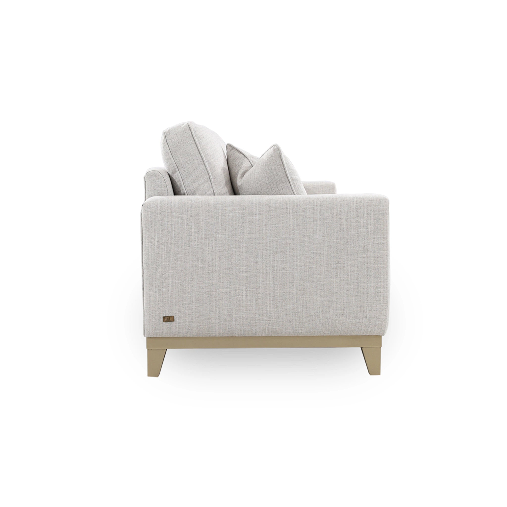 Gray sofa with wooden legs on a white background