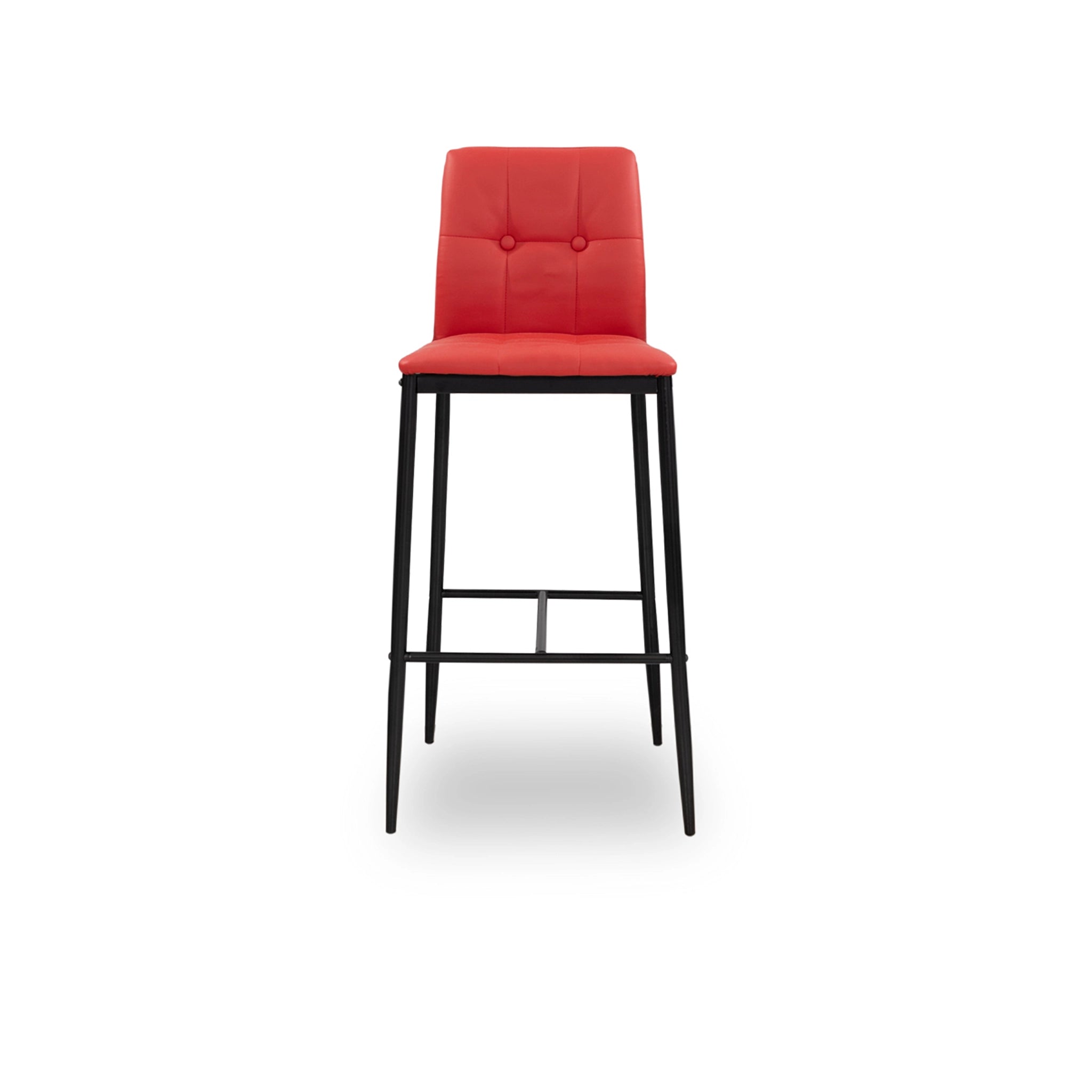 Red bar stool with black legs on a white background