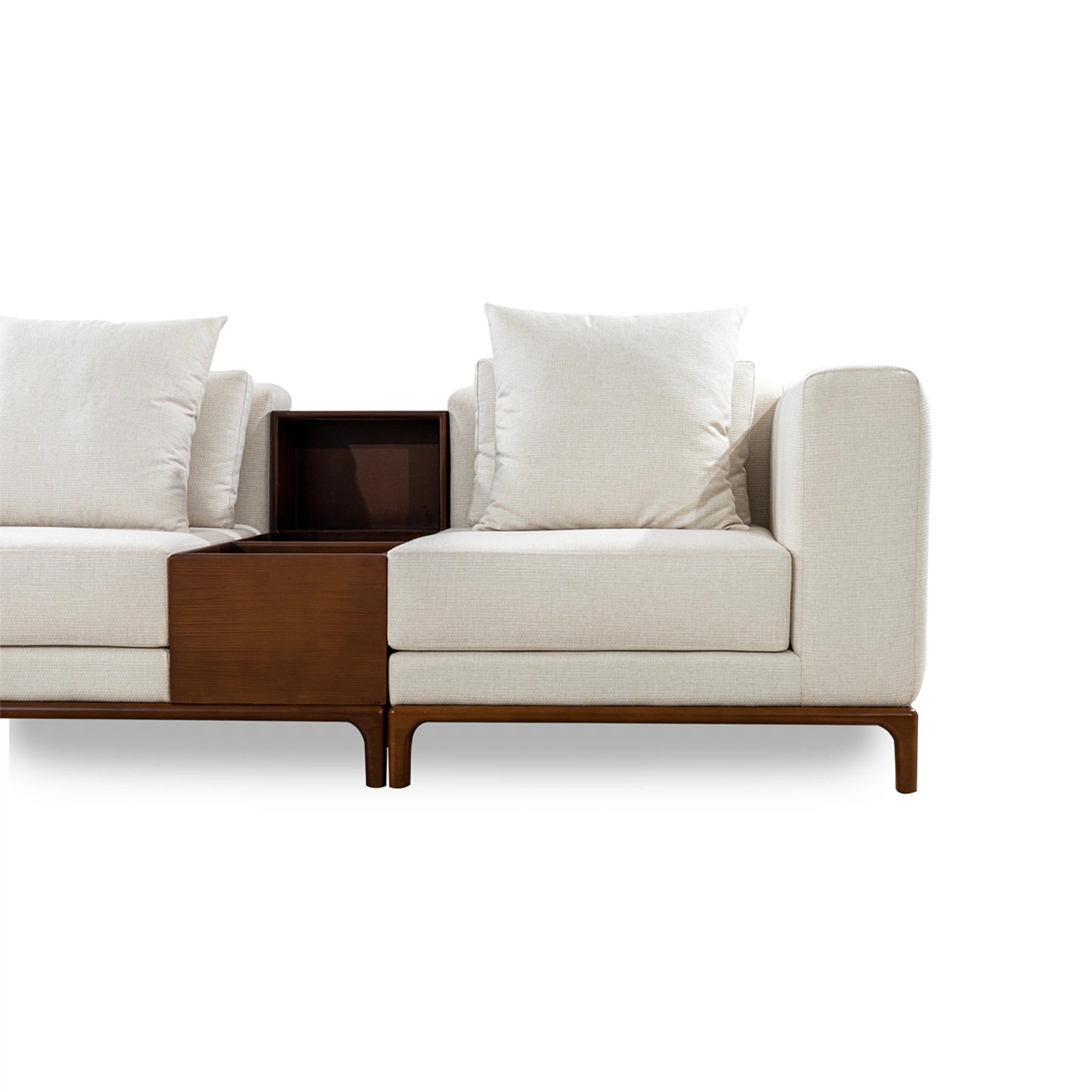 White sofa with wooden armrests on a white background