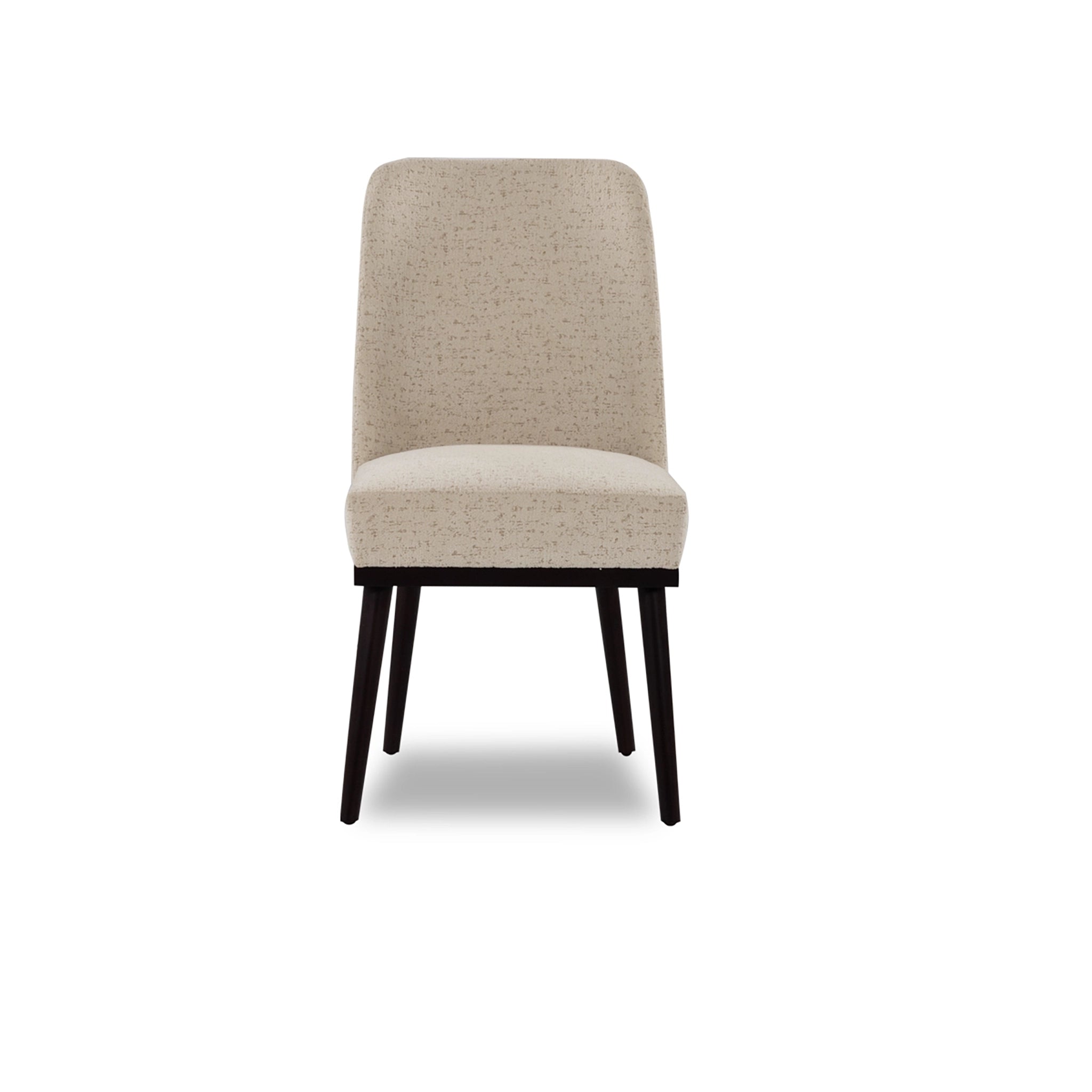 Beige upholstered chair with black legs on a white background