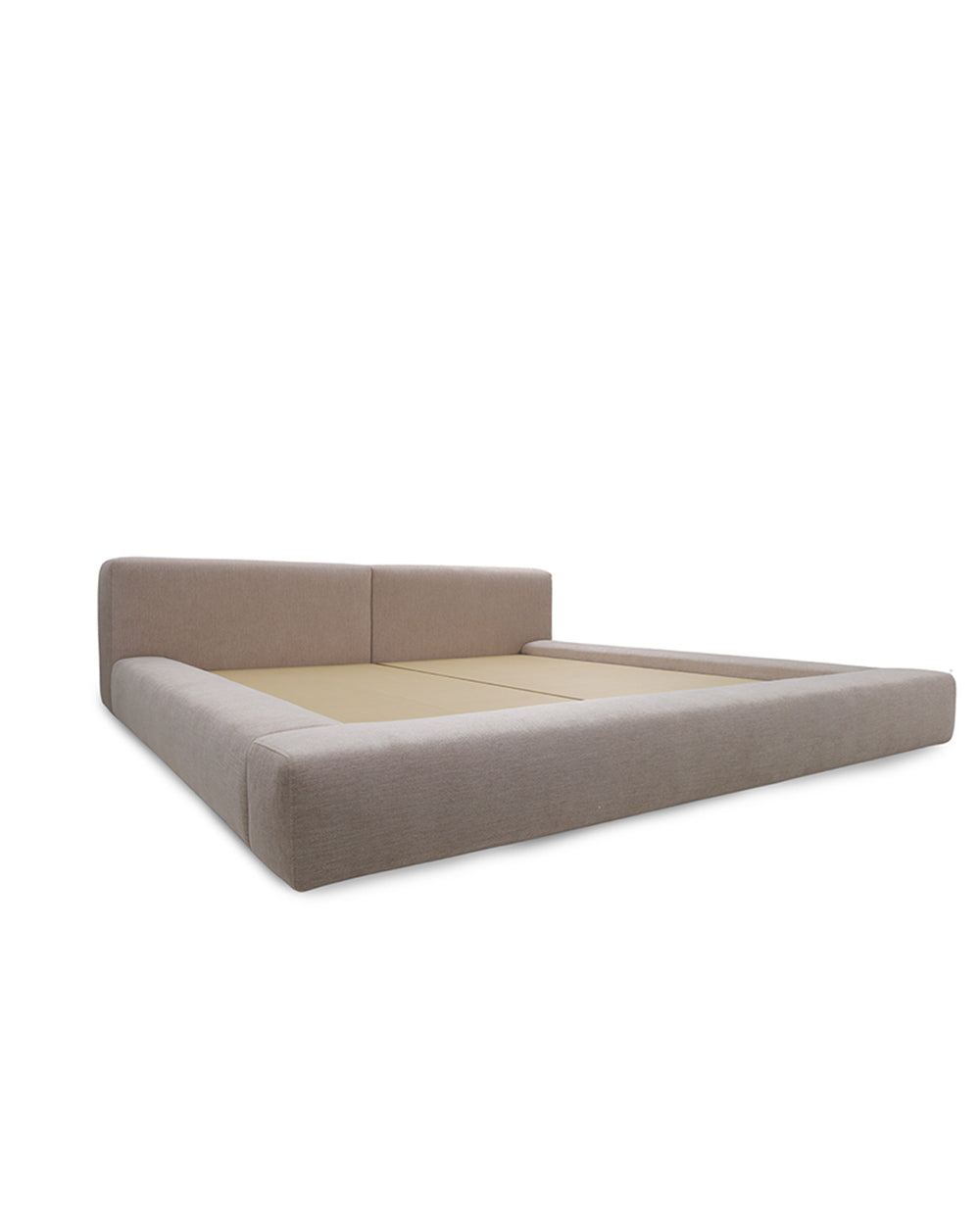 Beige upholstered bed frame on a white background