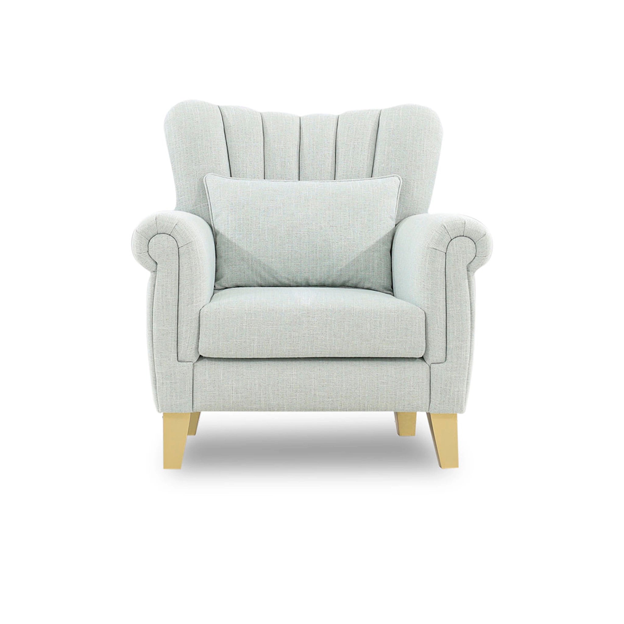 Light gray armchair with a cushion on a white background
