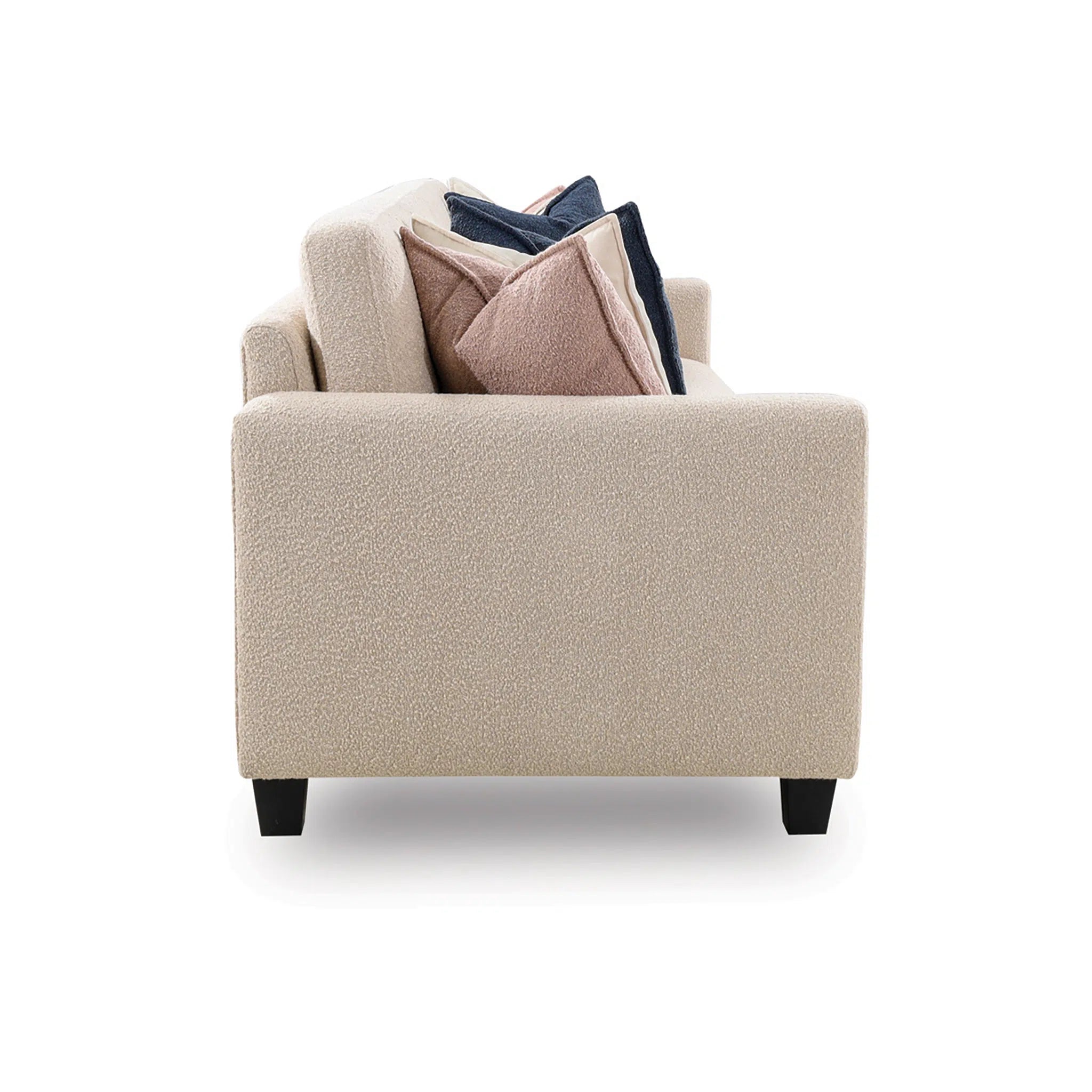 Beige armchair with decorative pillows on a white background