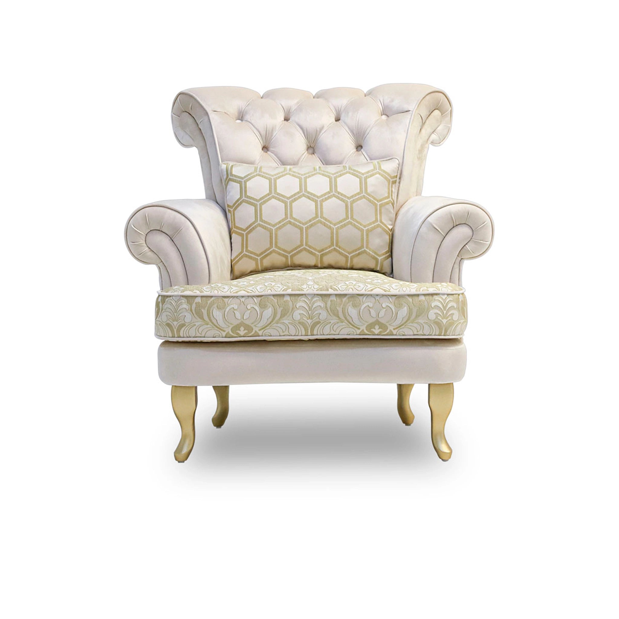 Decorative armchair with patterned cushion on a white background