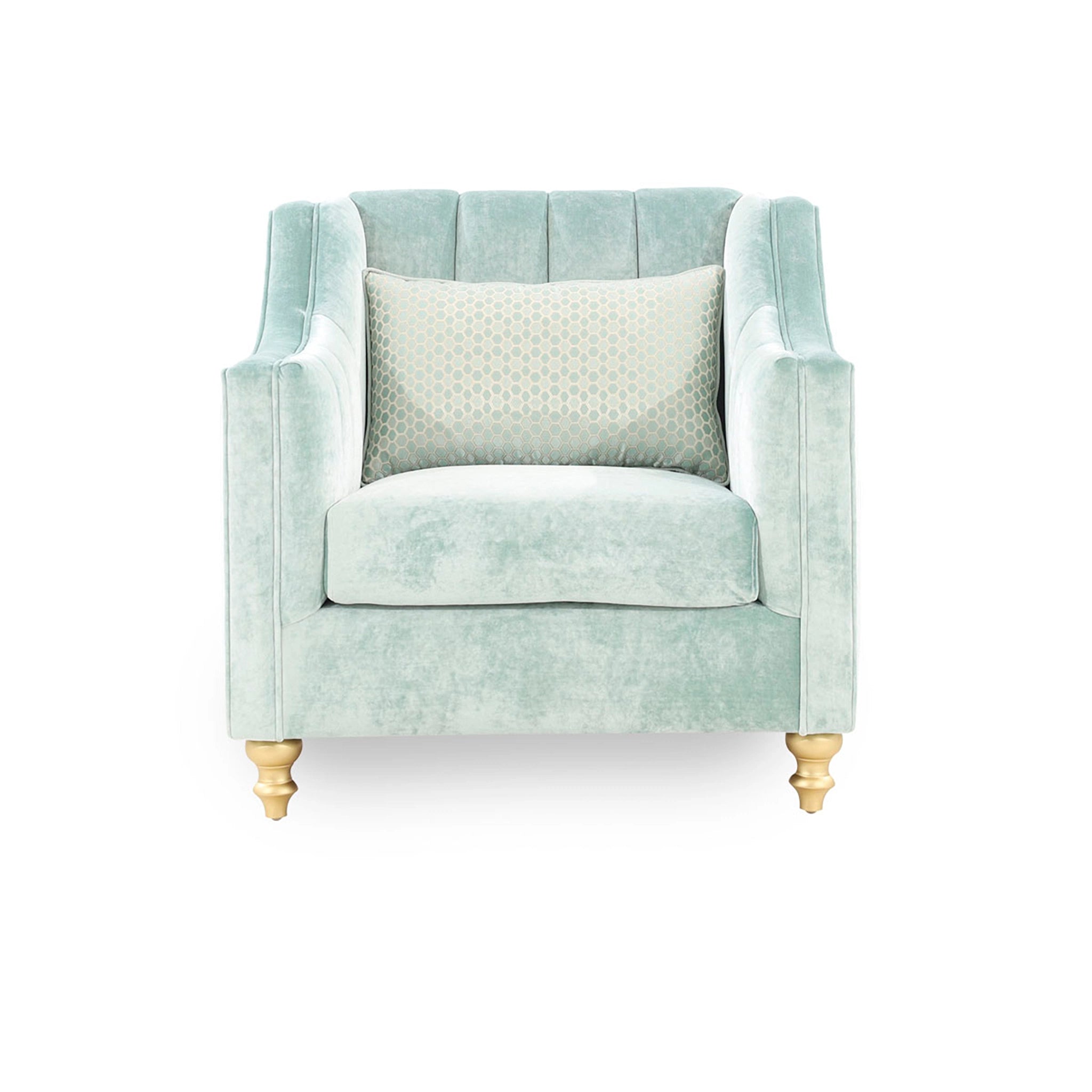Light blue armchair with a matching pillow on a white background