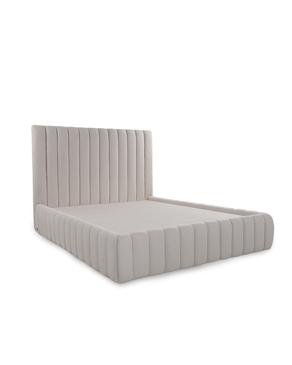 Gray upholstered bed with tufted design on a white background