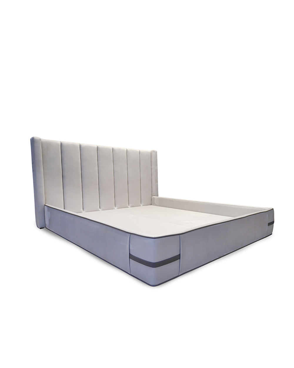Gray mattress with a headboard on a white background