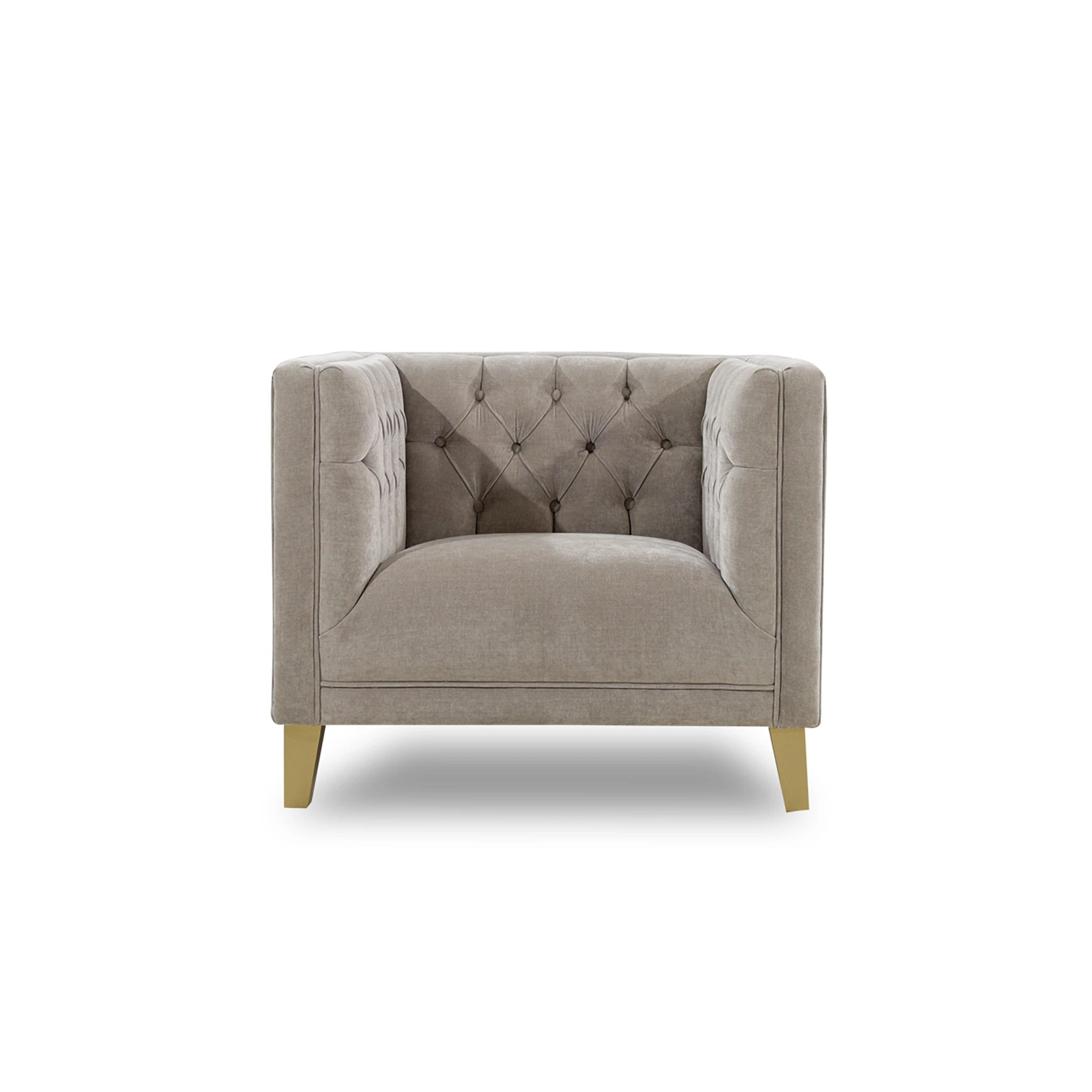 Gray armchair with tufted backrest on a white background