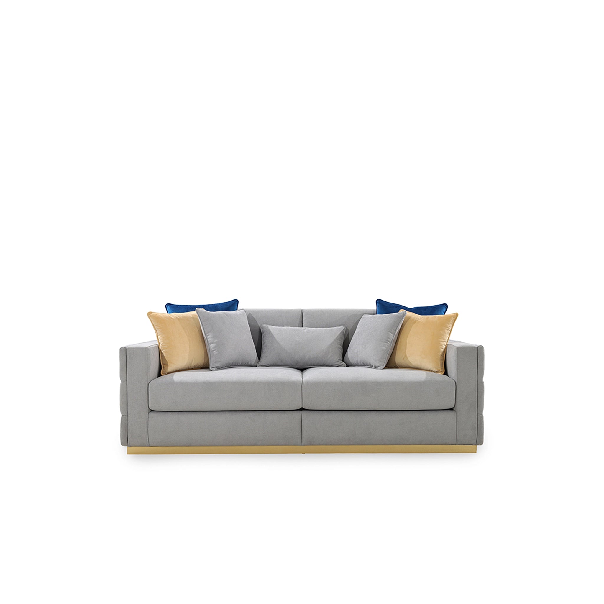 Gray sofa with beige and blue cushions on a white background