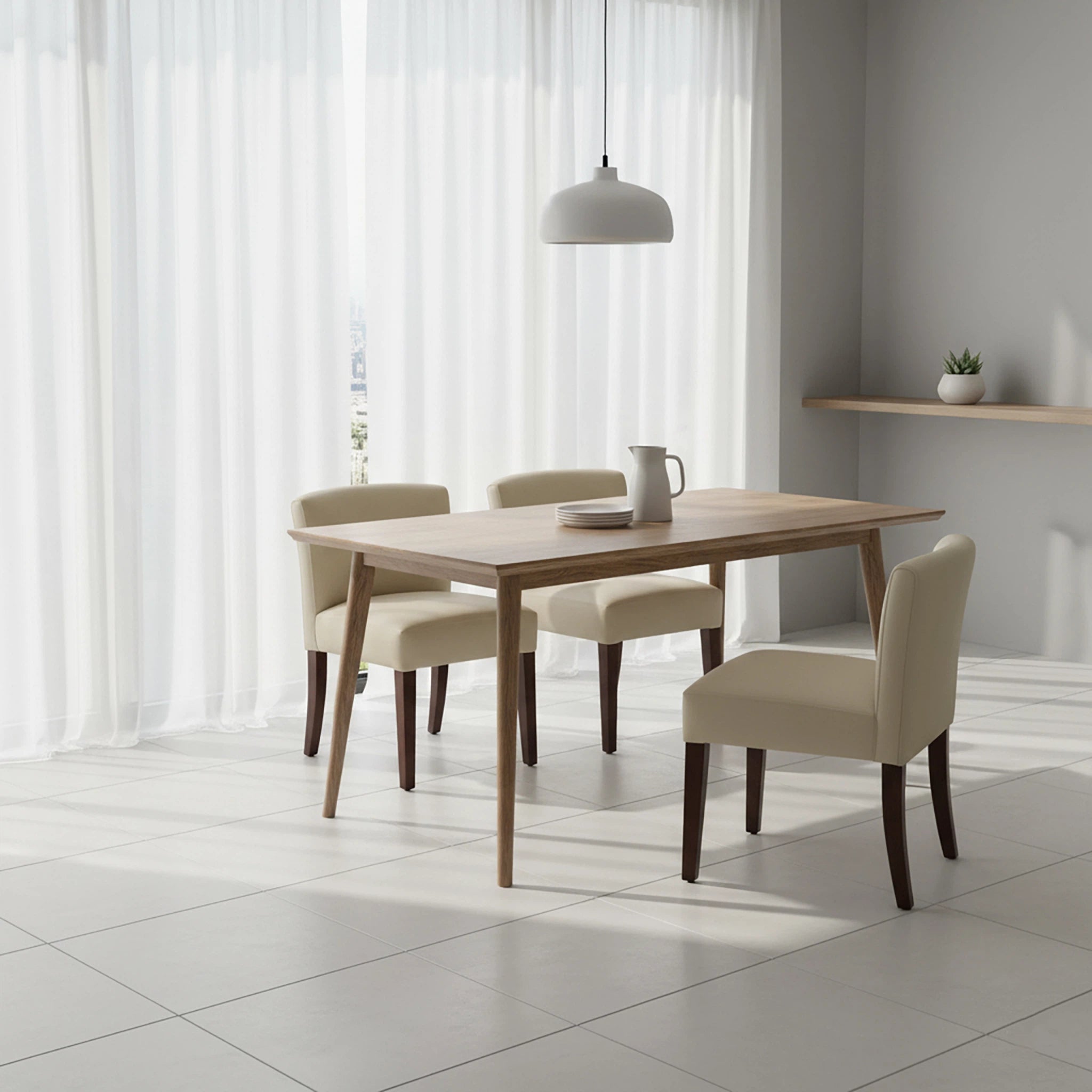 Dining room with wooden table and beige chairs in a bright room.