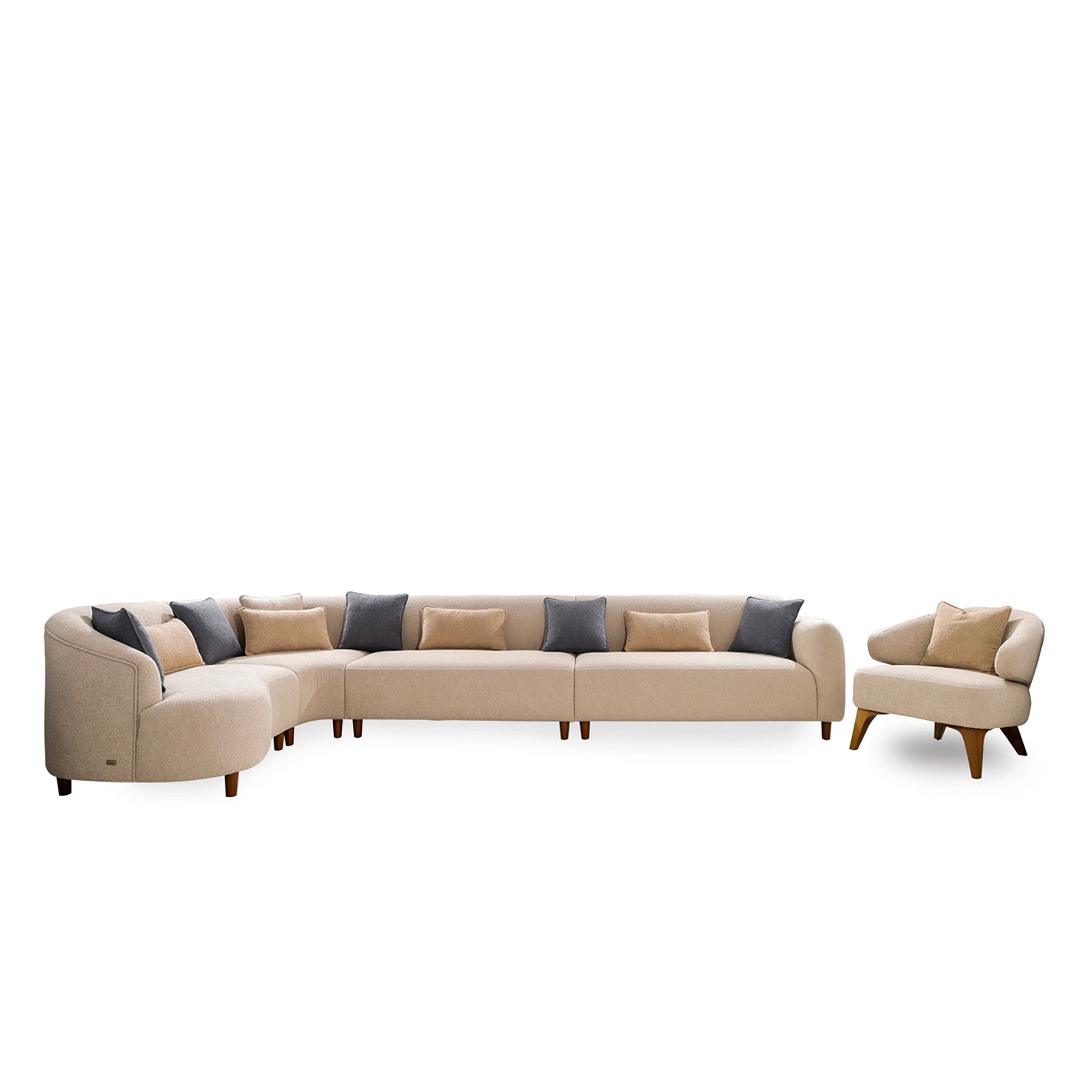 Beige sectional sofa with cushions on a white background