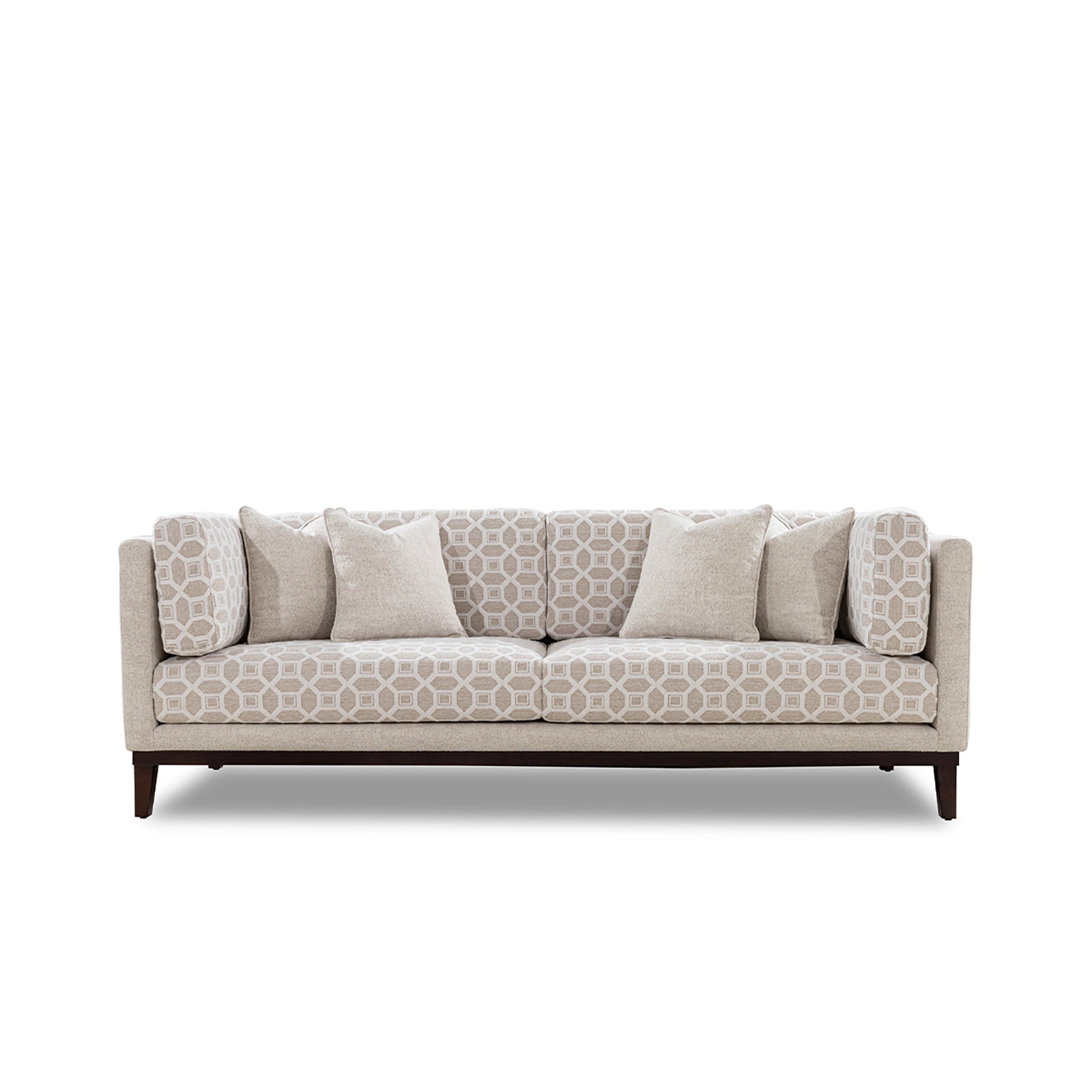 Beige patterned sofa with wooden legs on a white background