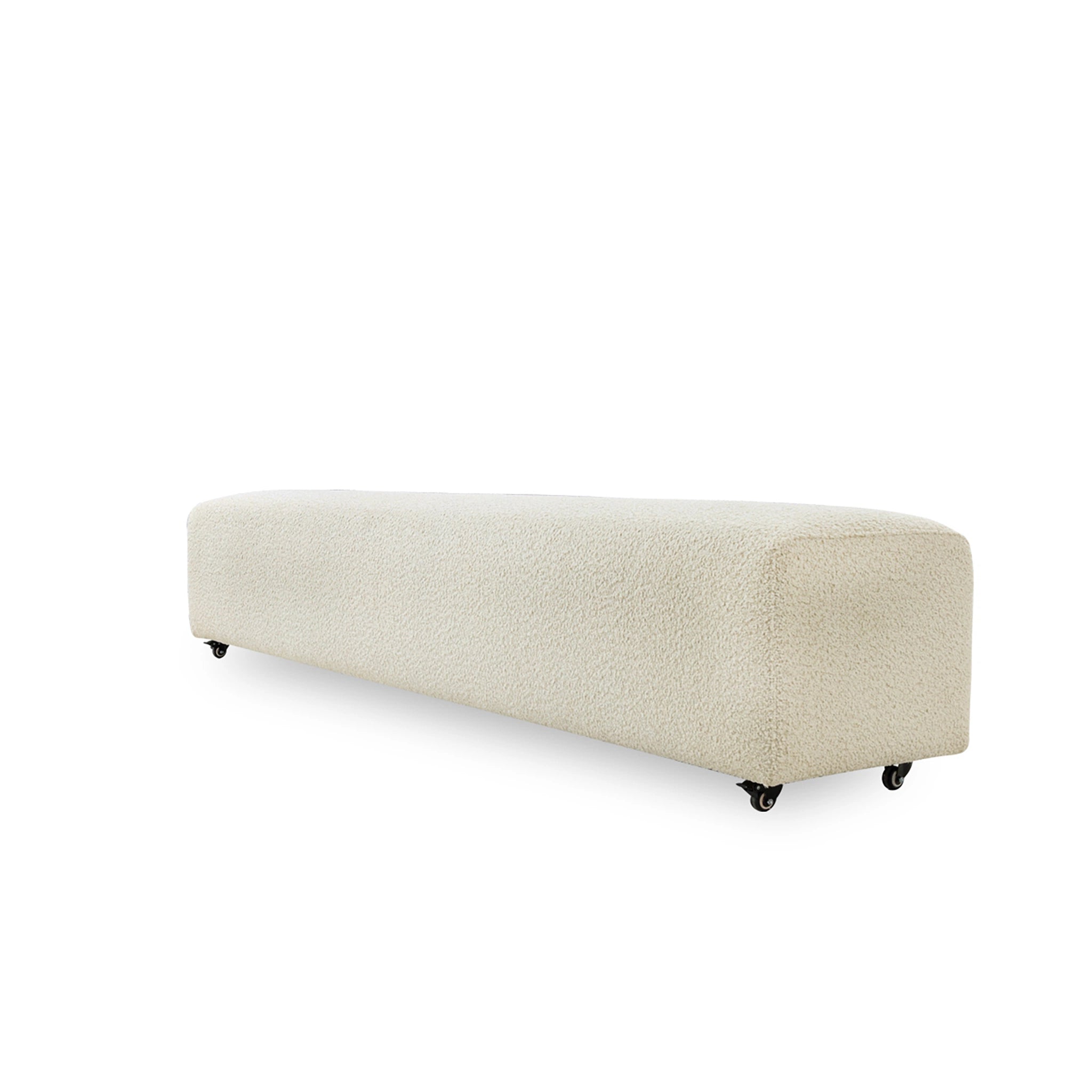 Beige ottoman on wheels with a textured surface on a white background