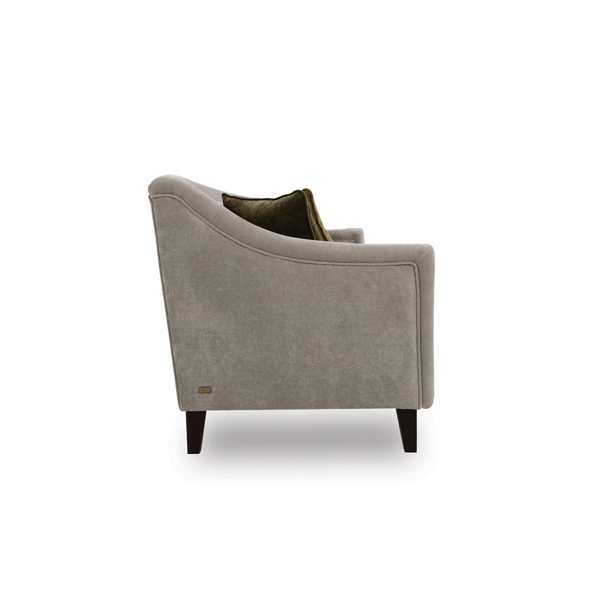 Gray armchair with a small logo on a white background