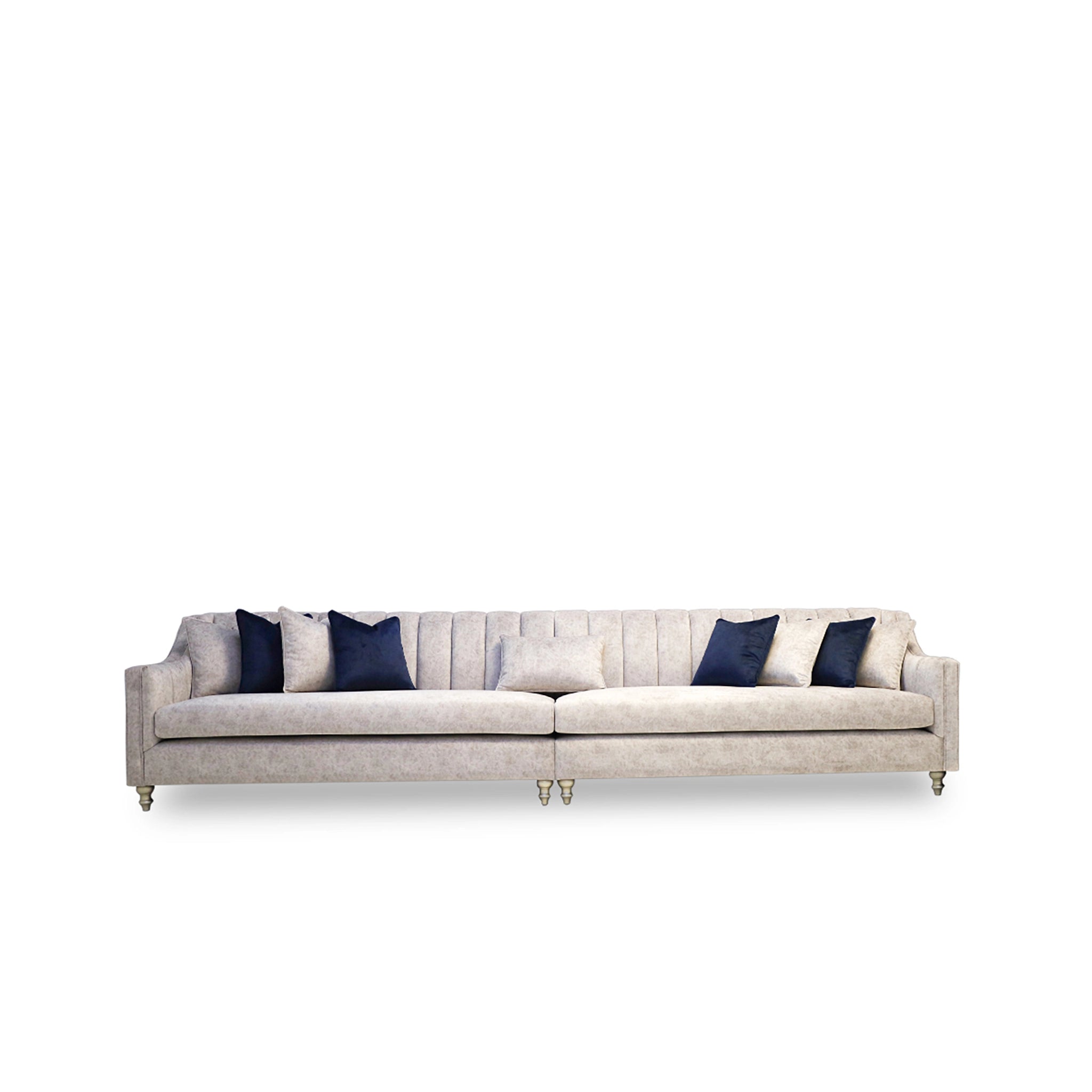 Gray sofa with blue cushions on a white background
