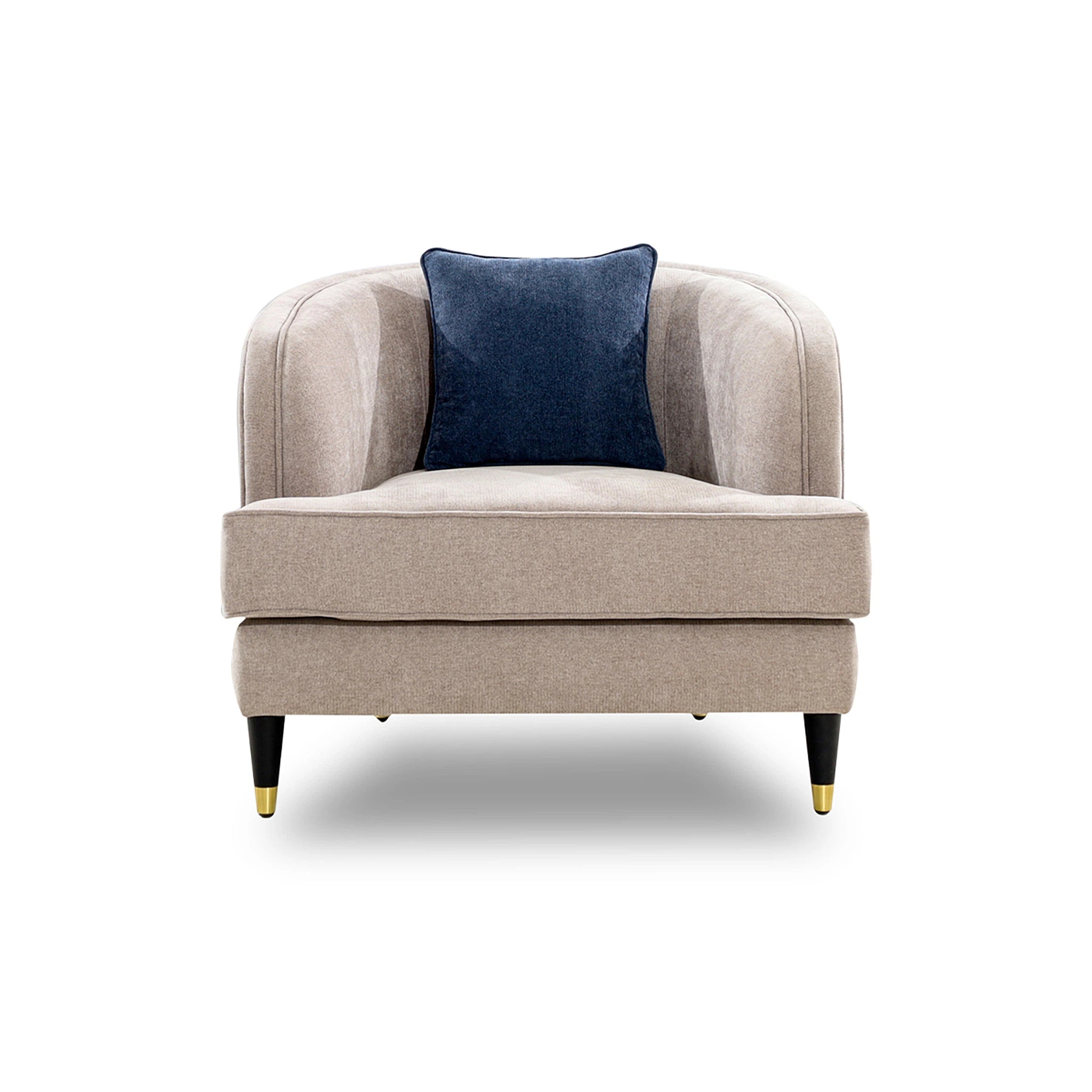 Beige armchair with a blue cushion on a white background