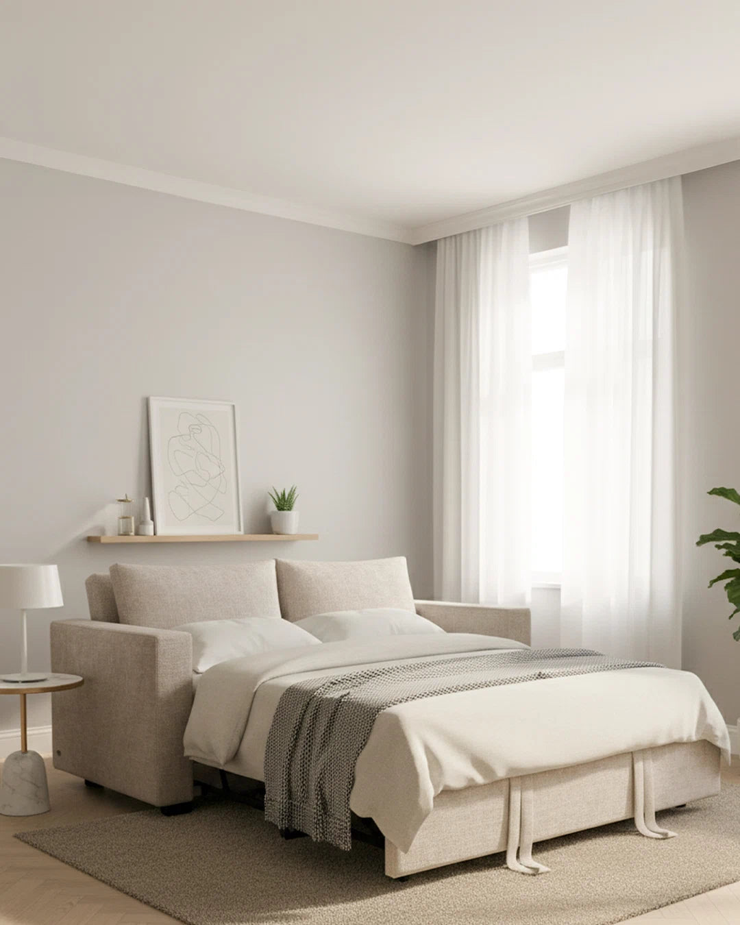 Modern bedroom with a beige sofa bed, white bedding, and a window with sheer curtains.