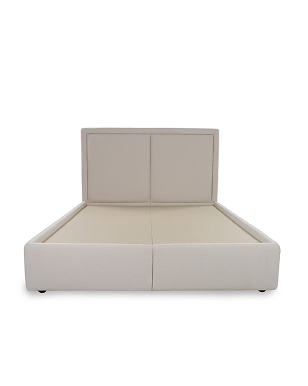 Beige upholstered bed with a white mattress on a white background