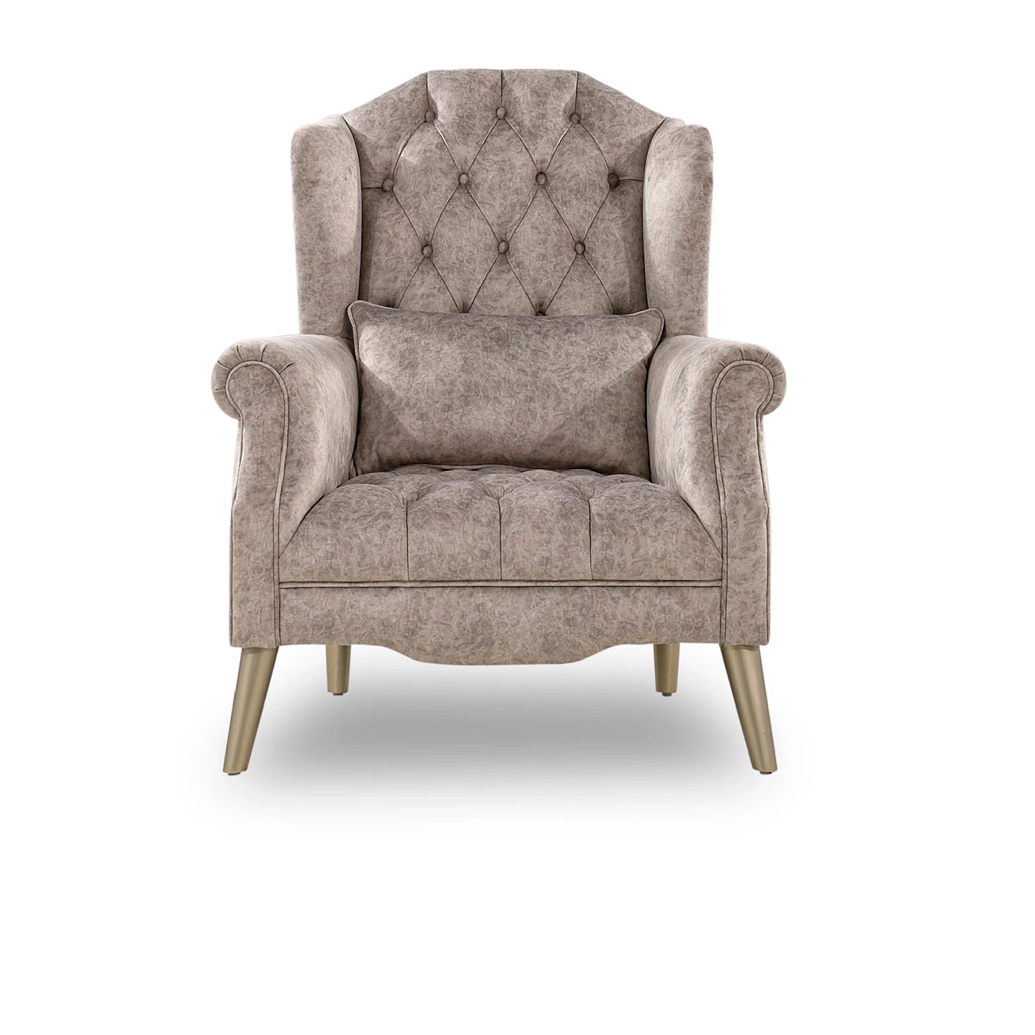 Beige armchair with tufted backrest and pillow on a white background