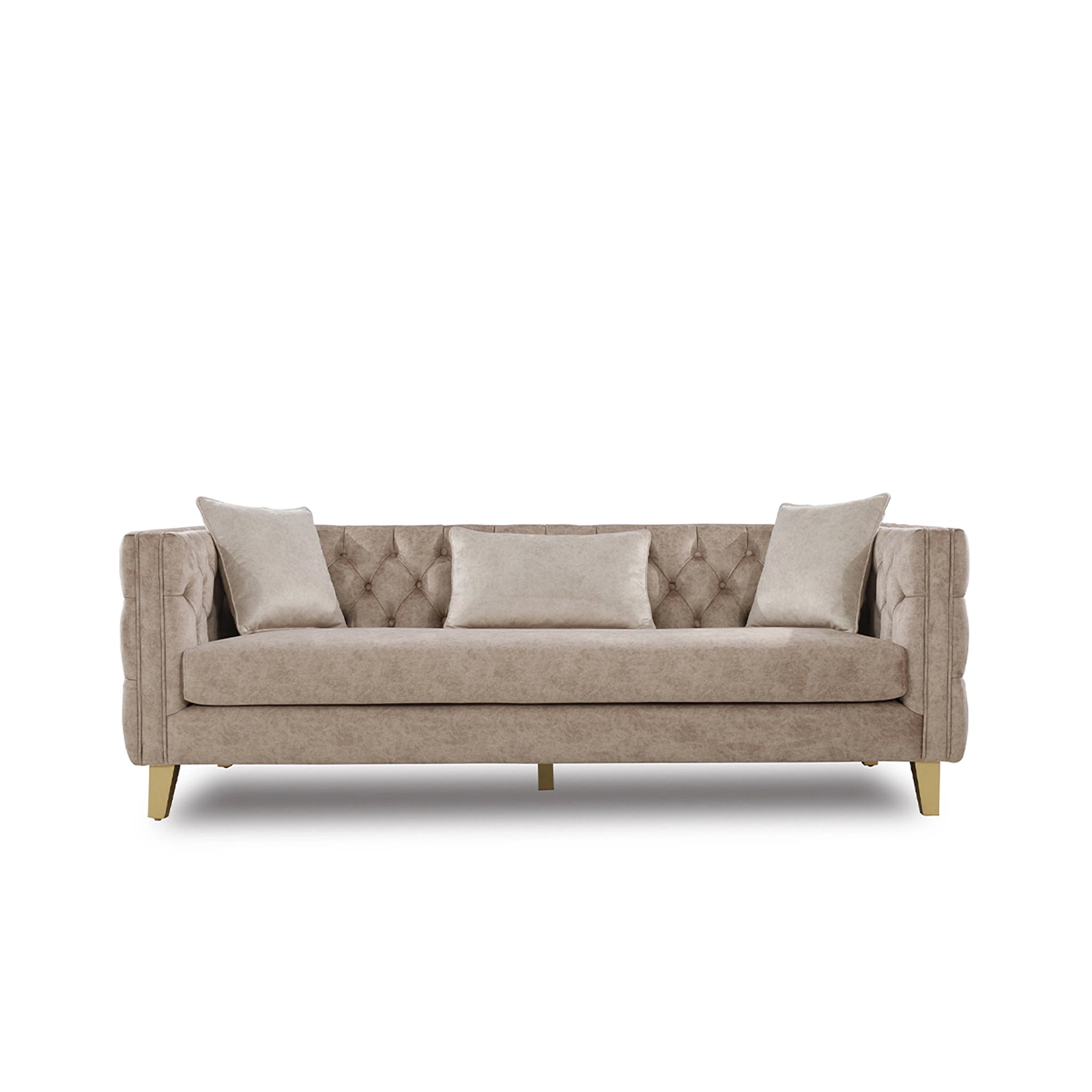 Beige sofa with tufted backrest and three pillows on a white background
