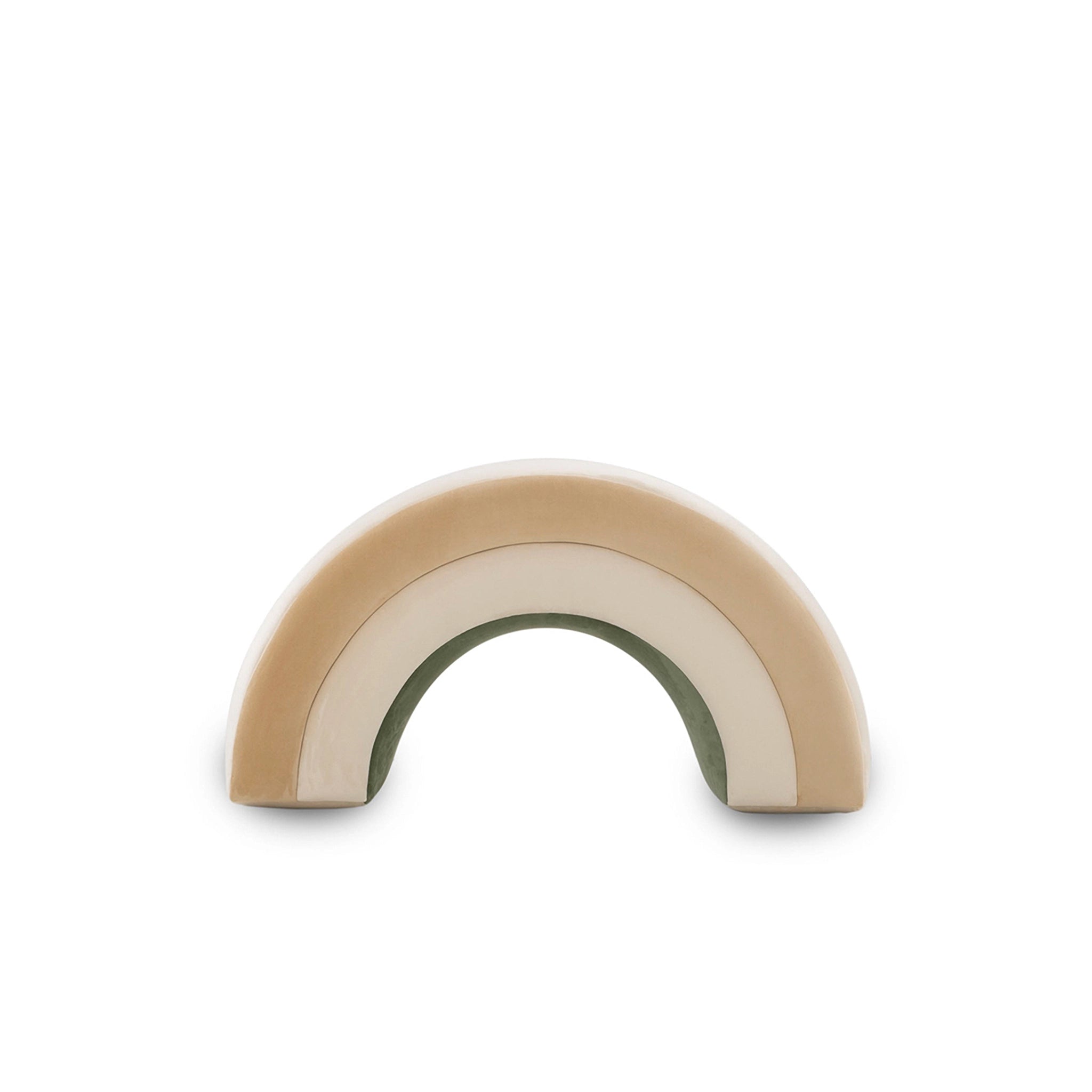 Arch-shaped object with beige and green gradient on a white background