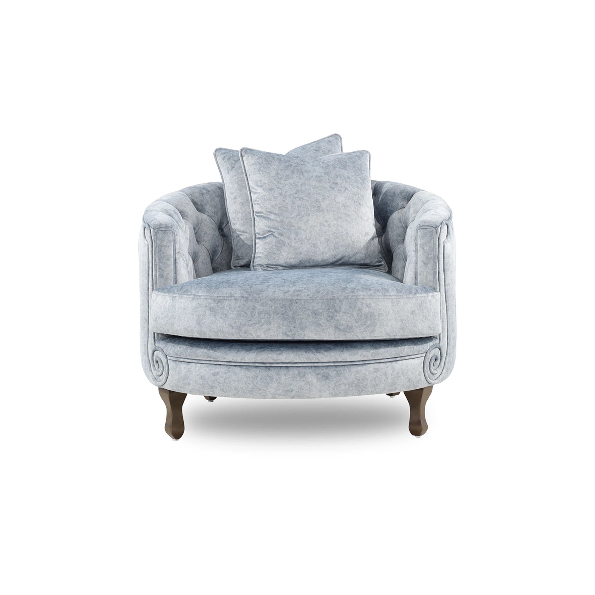 Gray velvet armchair with two cushions on a white background