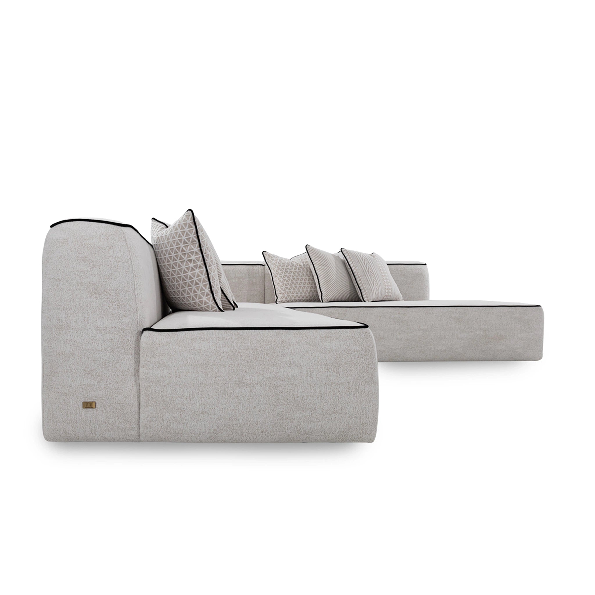 Gray sectional sofa with cushions on a white background