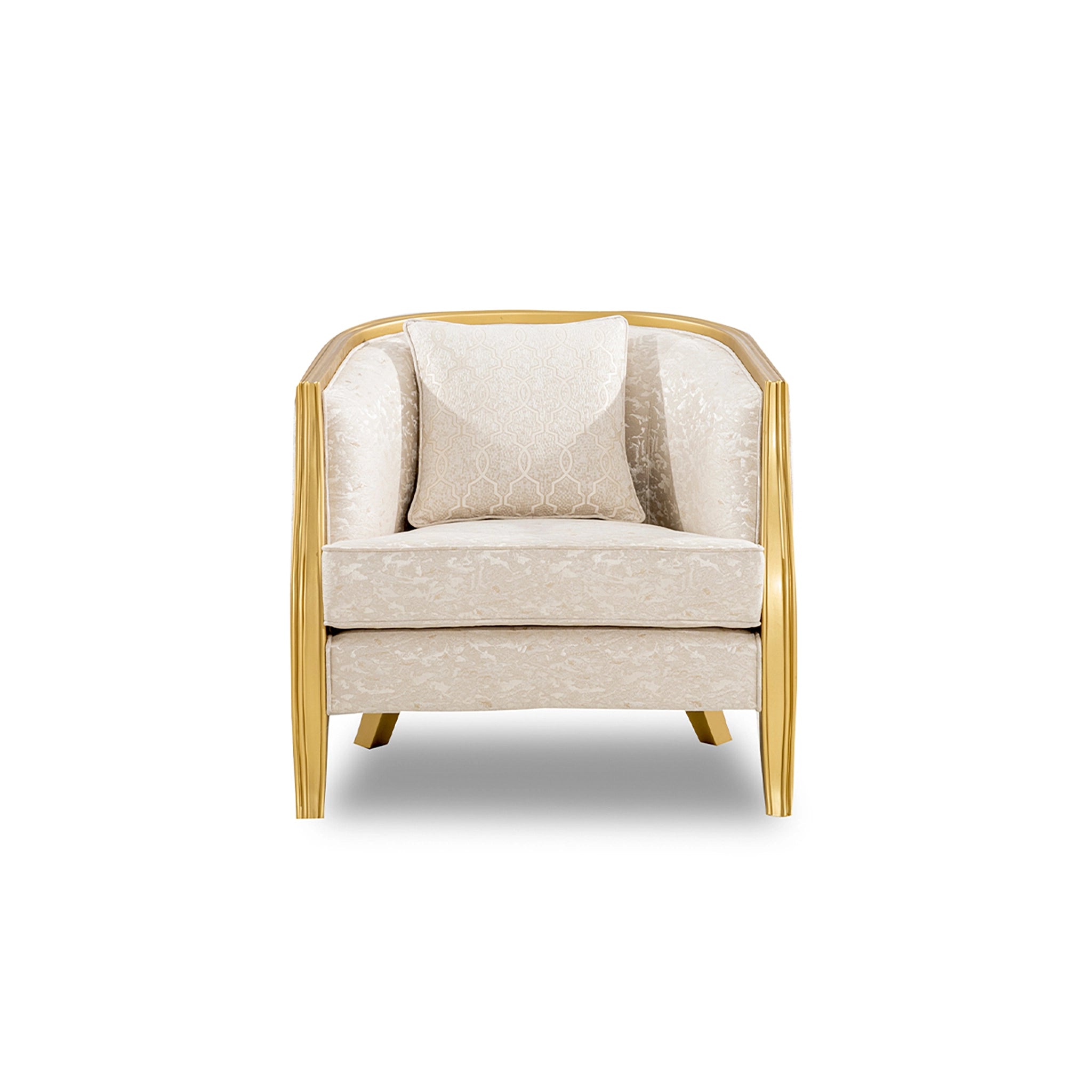 Beige armchair with wooden frame on a white background