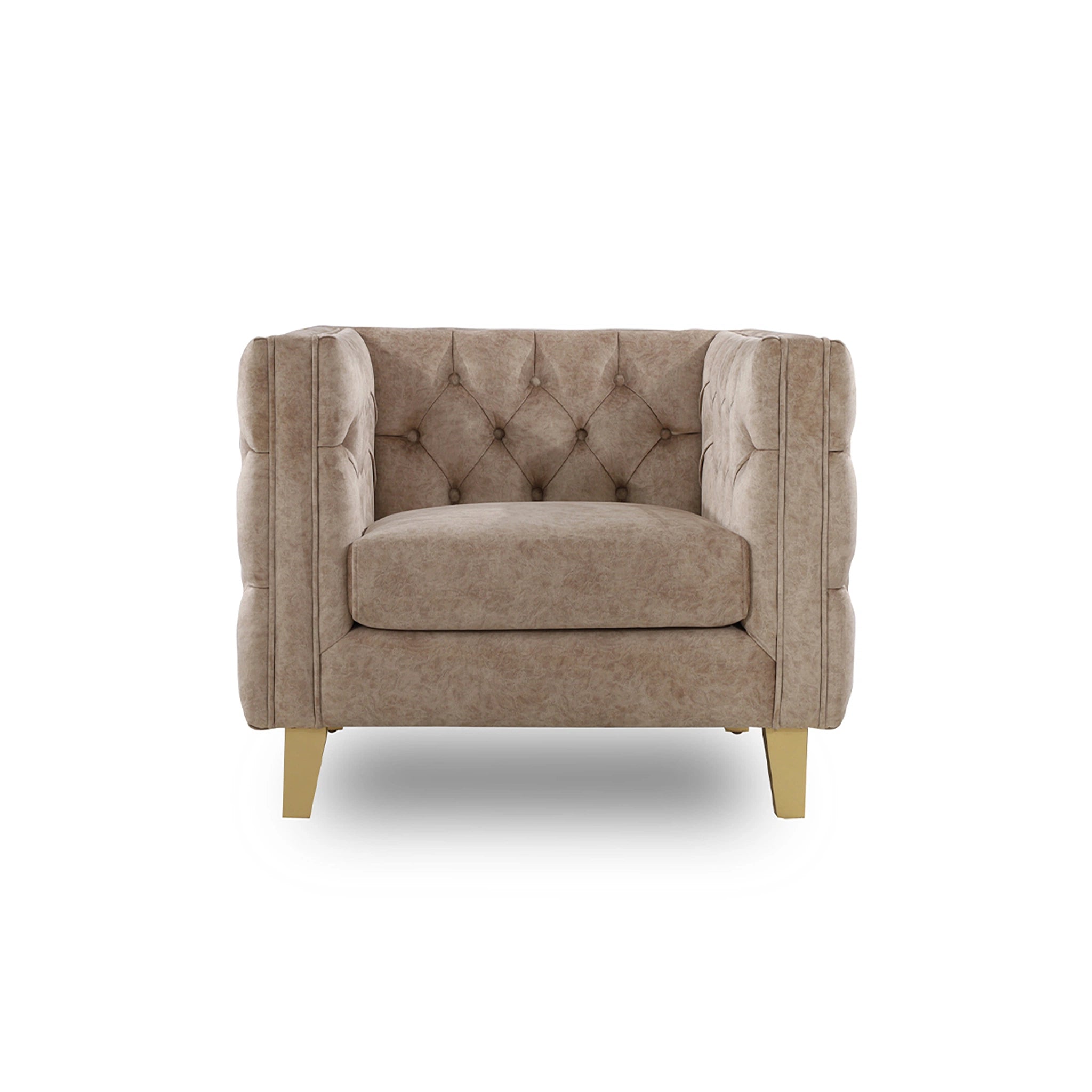 Beige armchair with tufted backrest on a white background