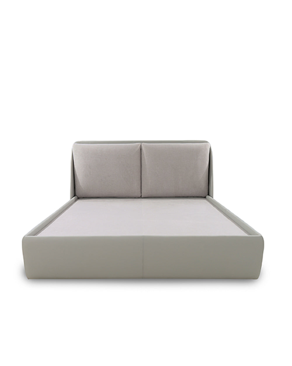 Gray upholstered bed on a white background