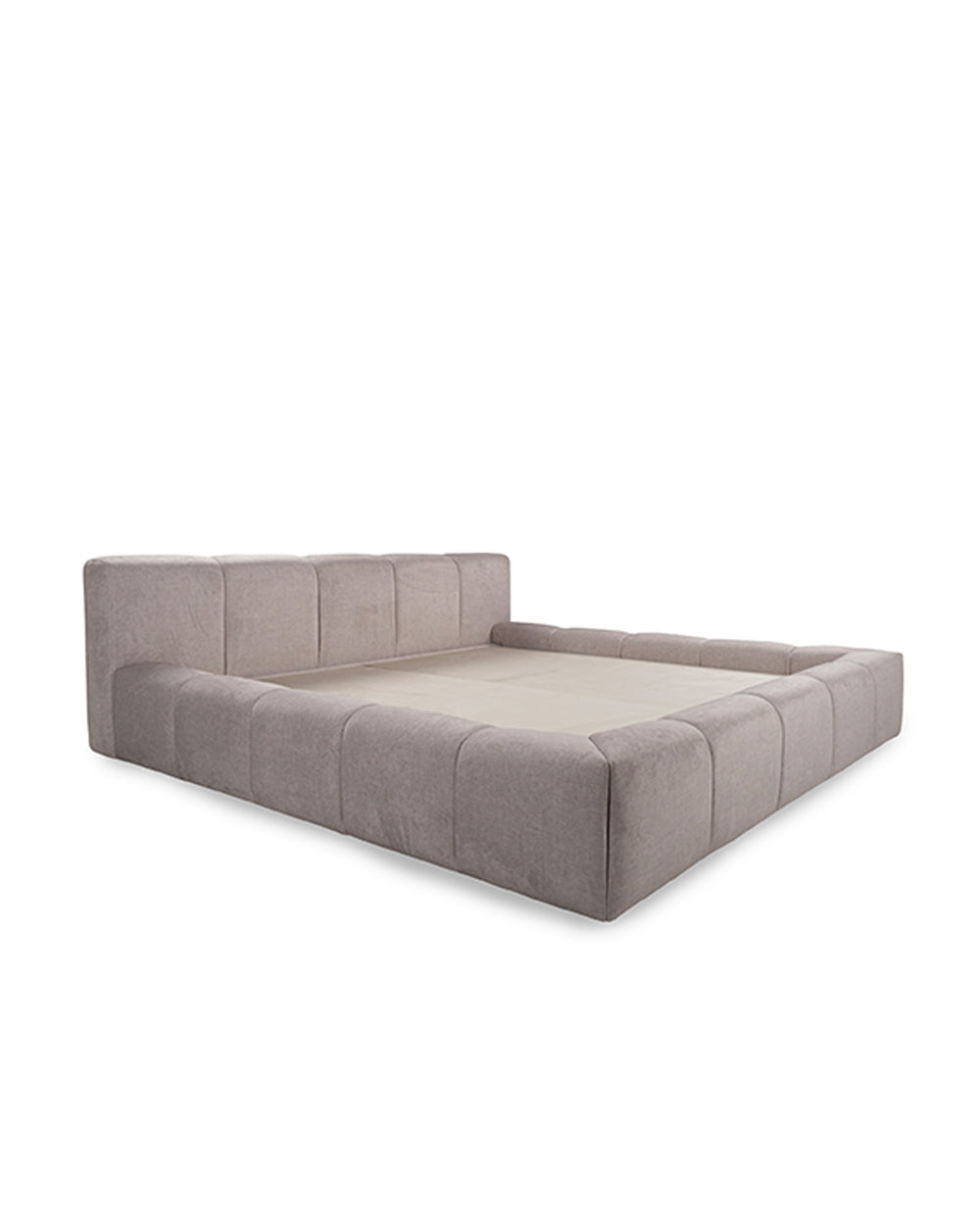 Gray upholstered bed on a white background