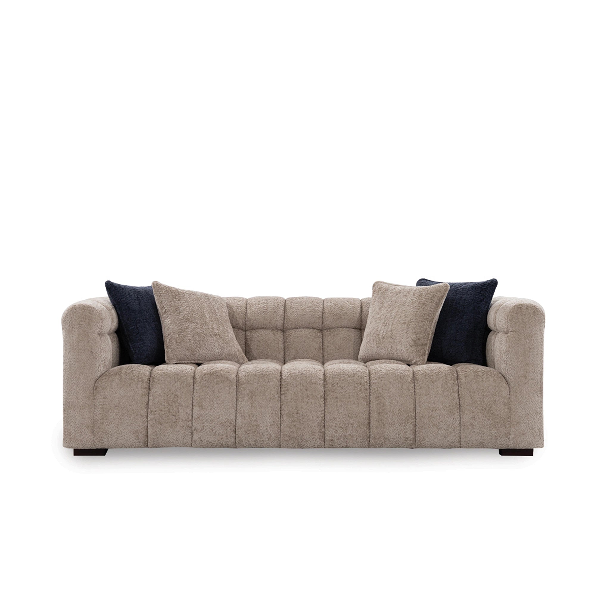 Beige sofa with dark cushions on a white background