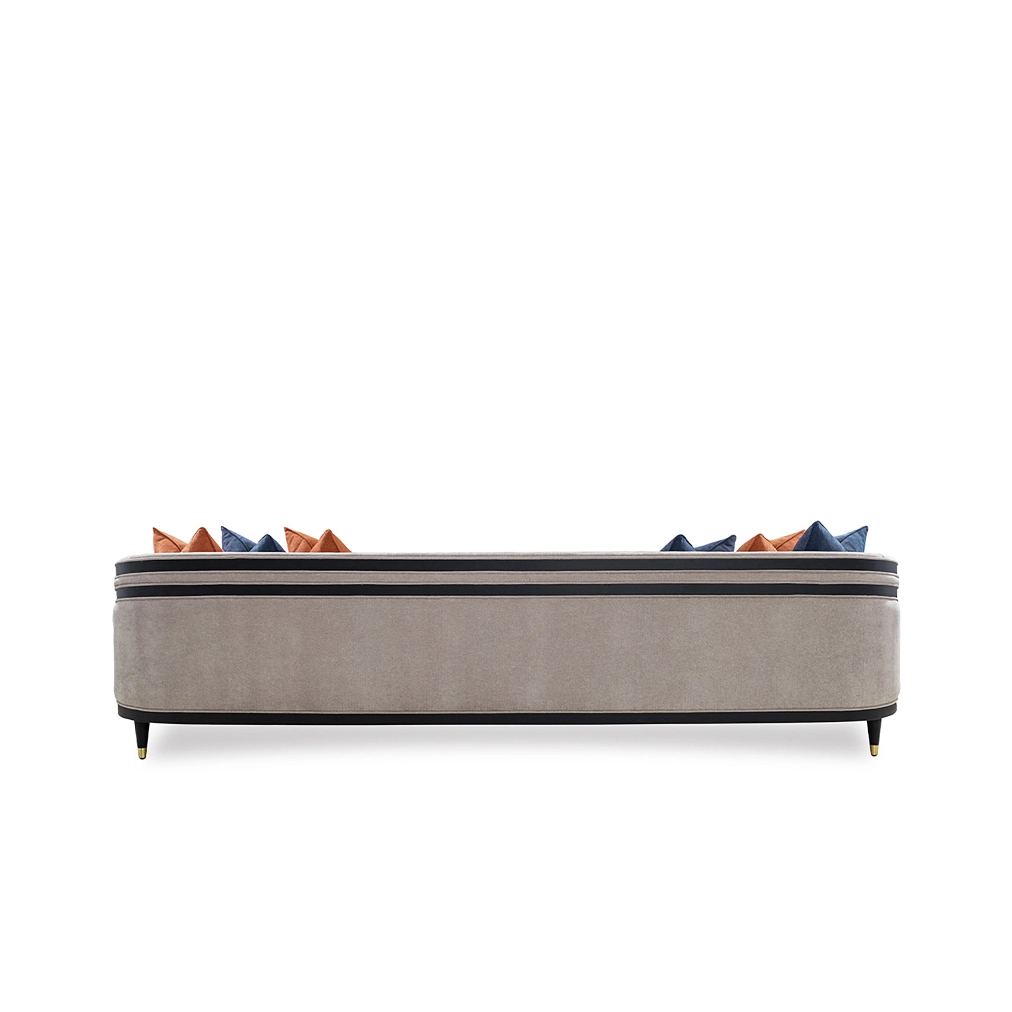 Long rectangular mattress with decorative pillows on a white background
