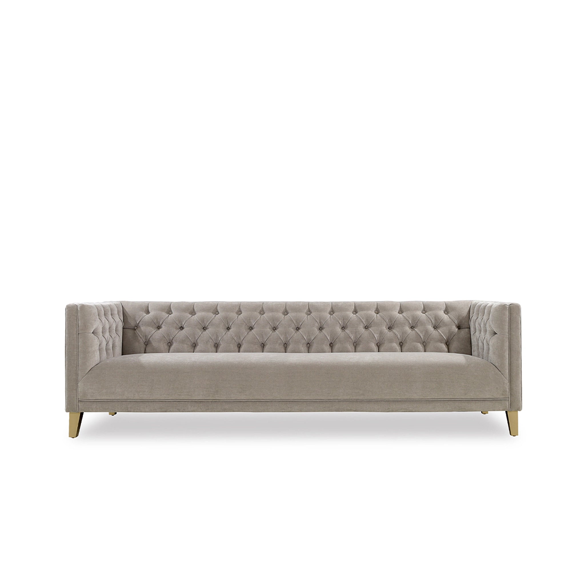 Gray tufted sofa on a white background