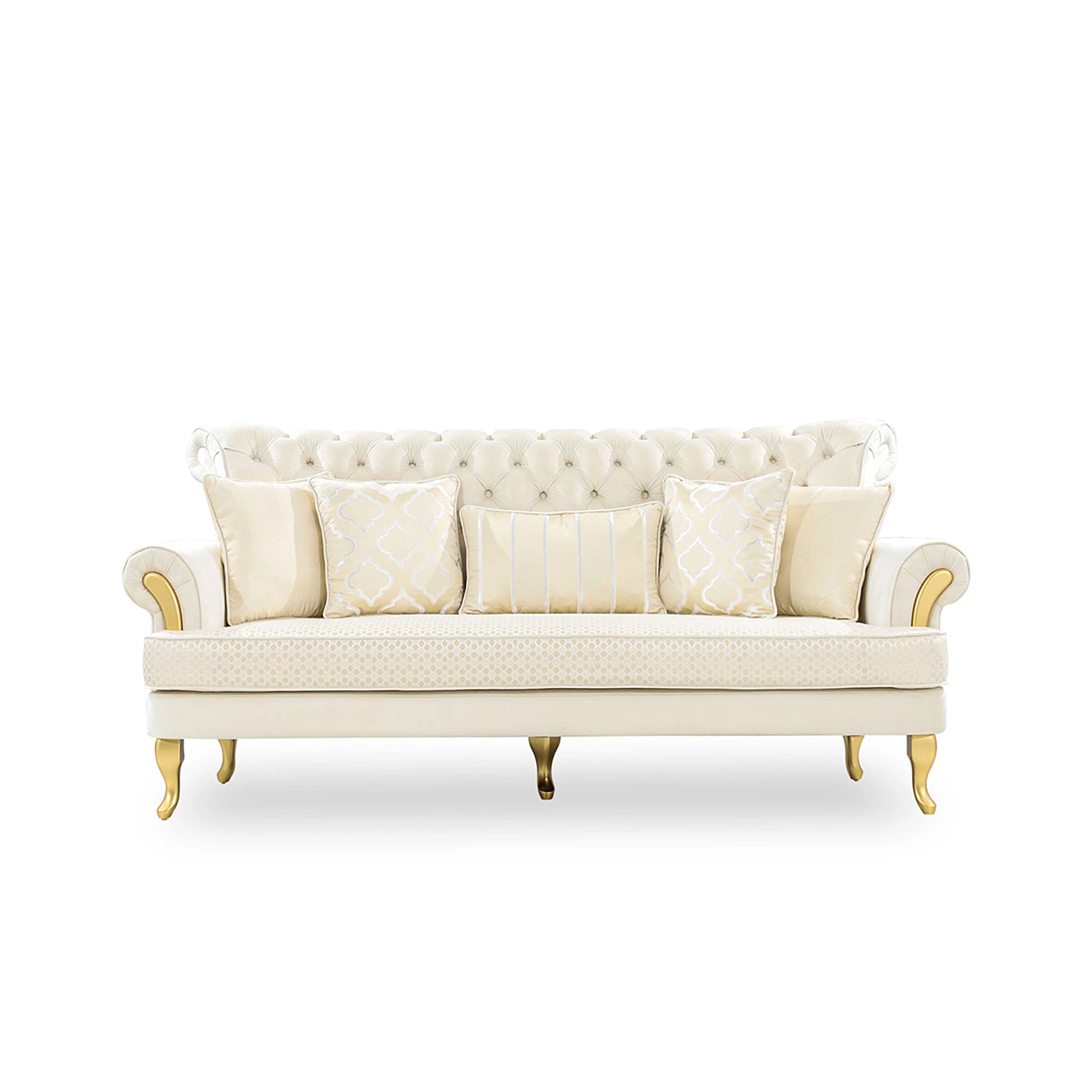 Beige sofa with decorative pillows on a white background