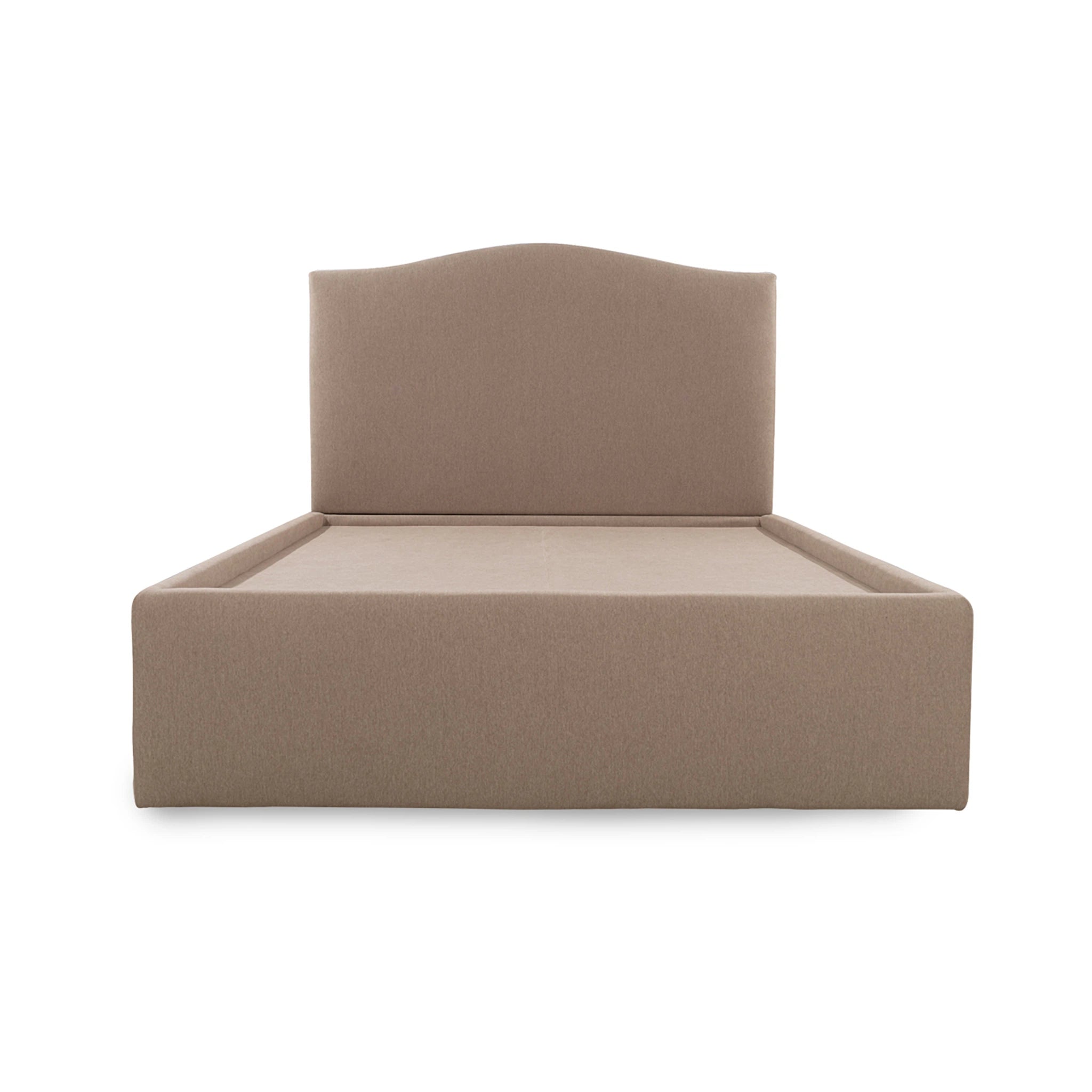 Beige upholstered bed frame on a white background