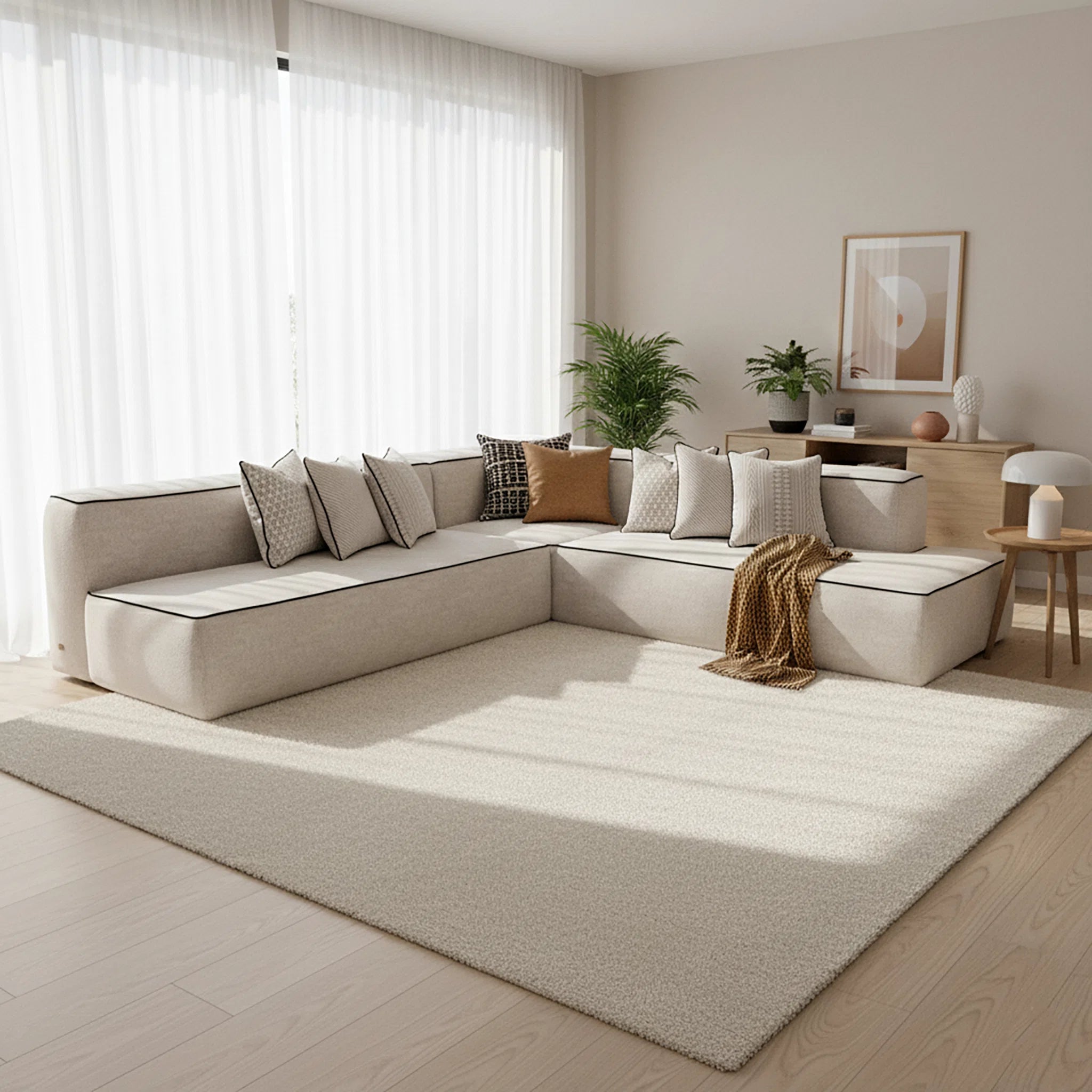 Modern living room with a beige sectional sofa, decorative pillows, and a rug.