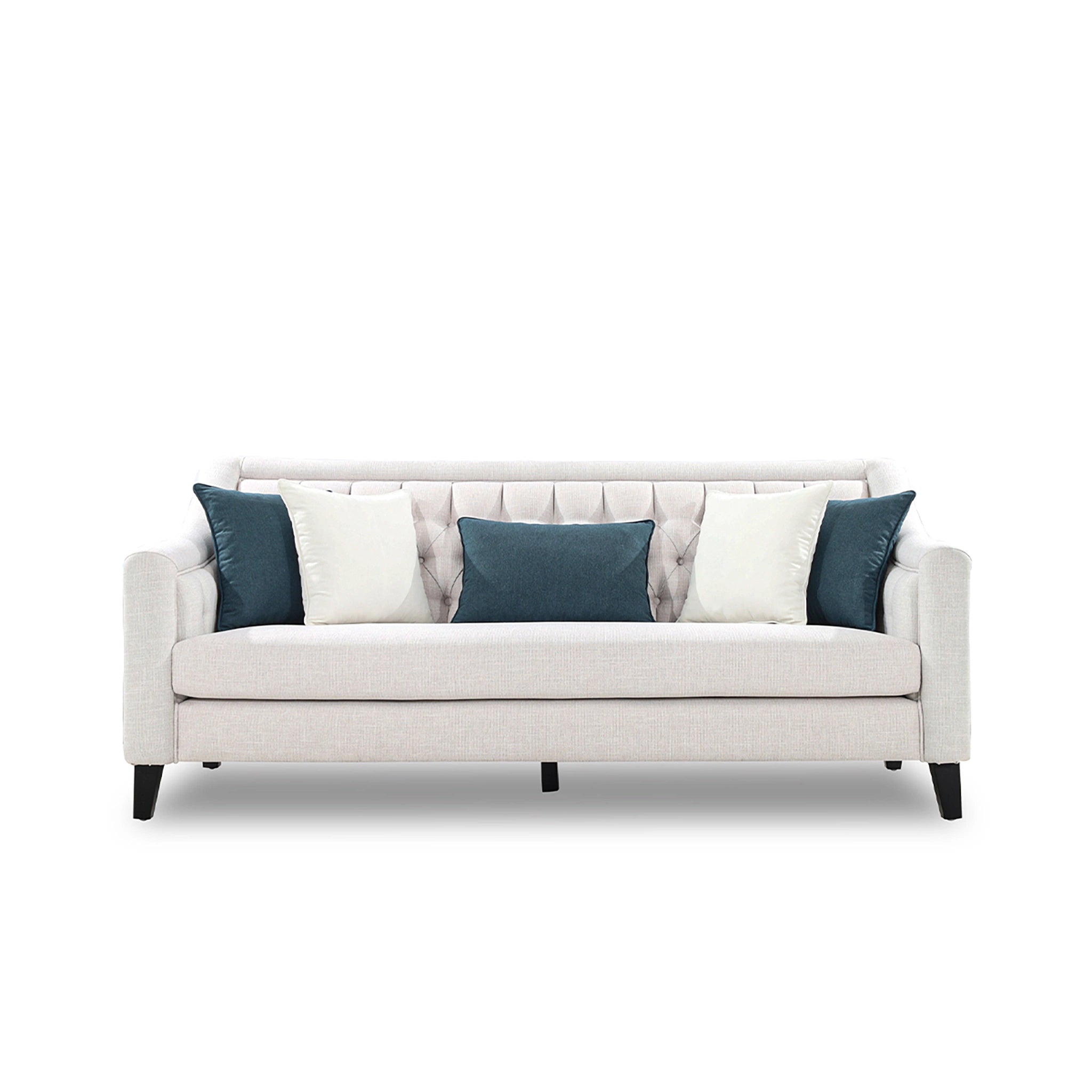 Gray sofa with blue and white cushions on a white background