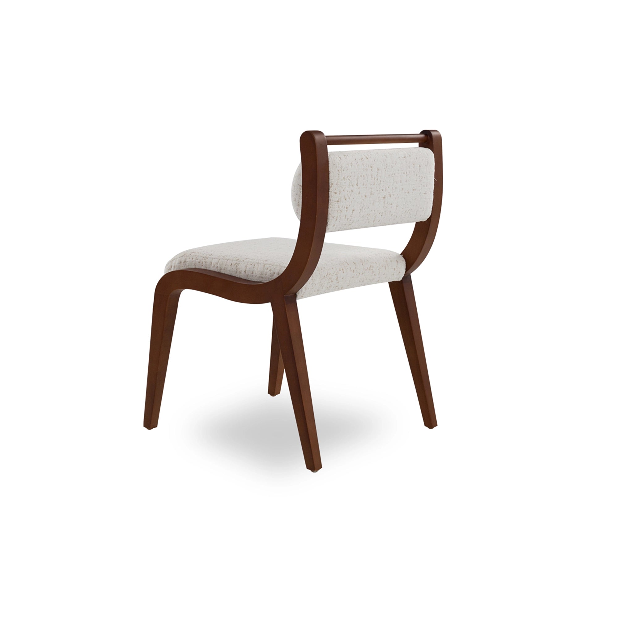 Chair with wooden frame and white cushion on a white background