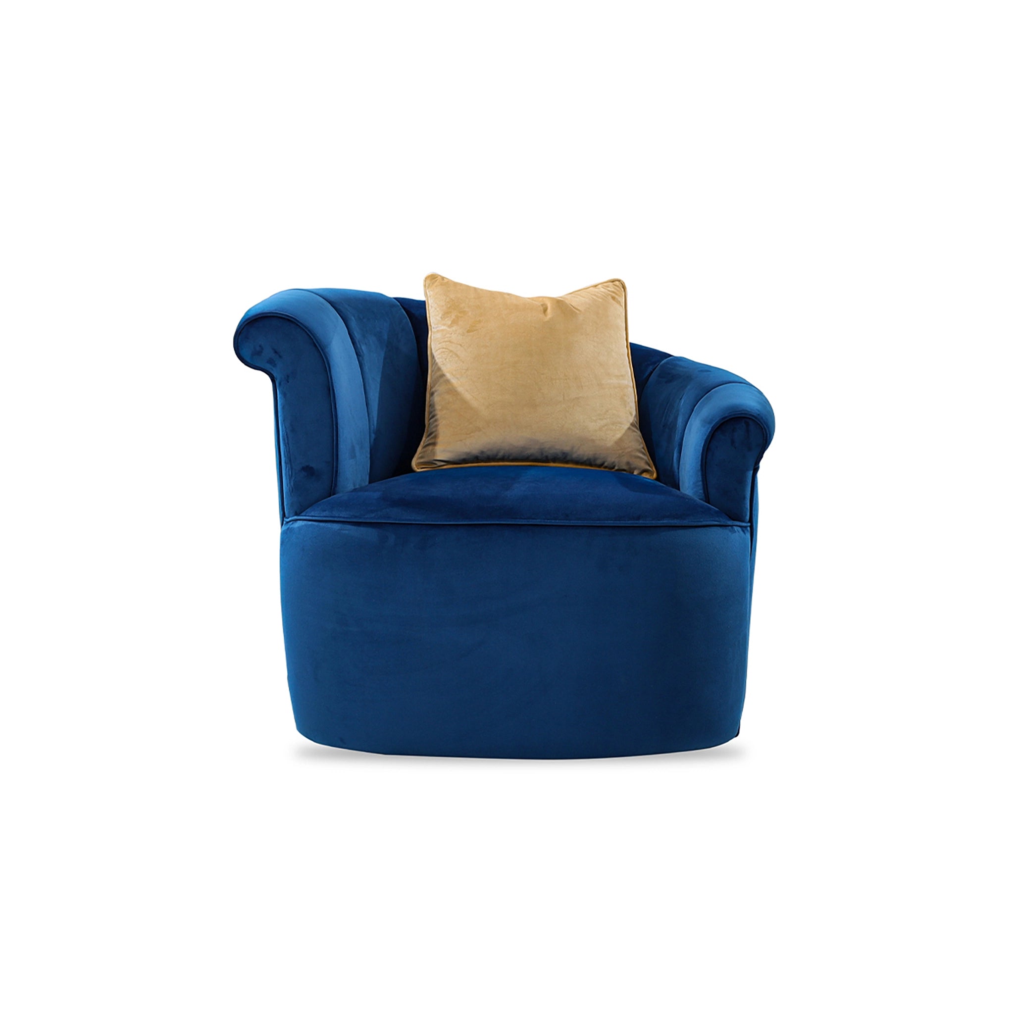 Blue armchair with a beige pillow on a white background