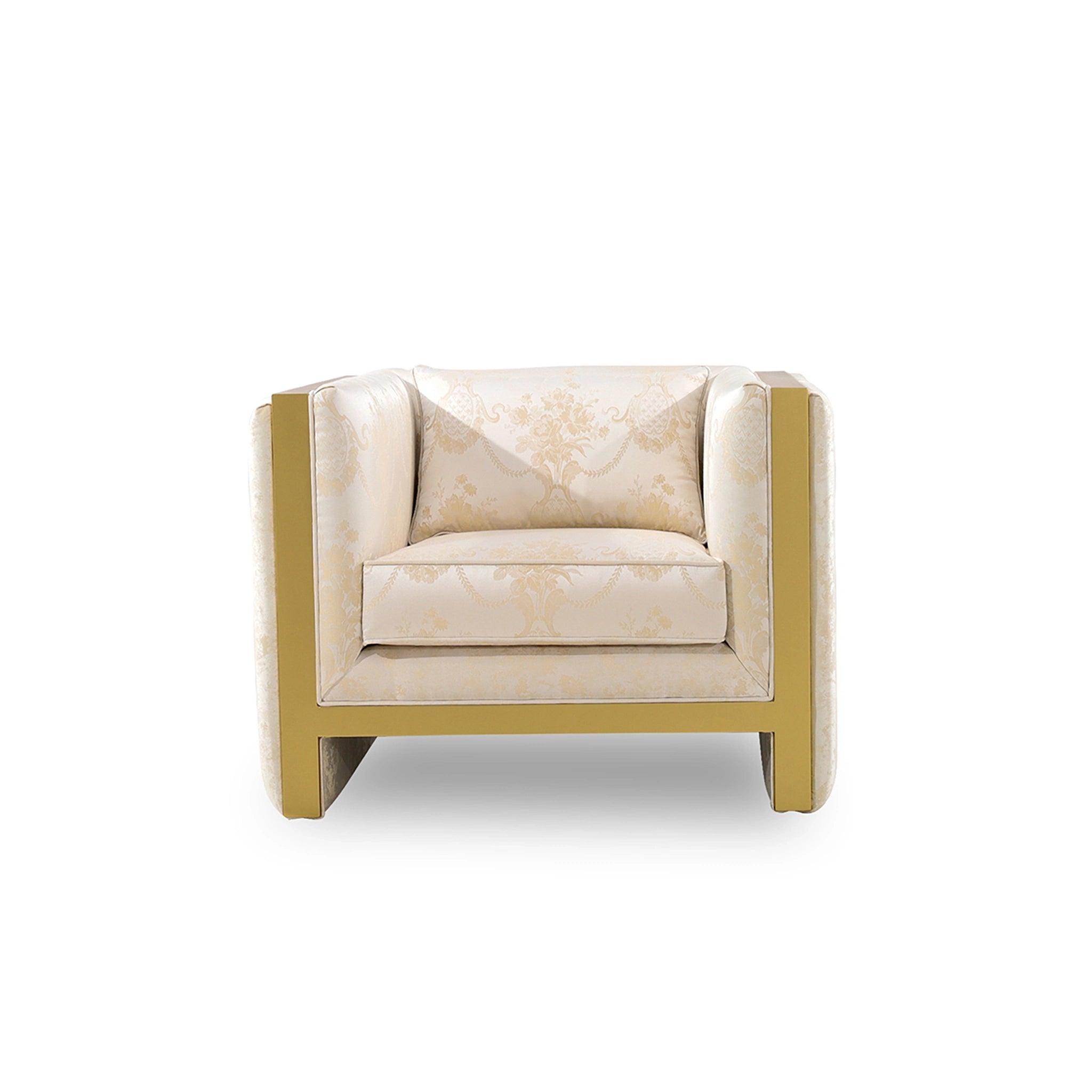 Beige armchair with gold frame on a white background