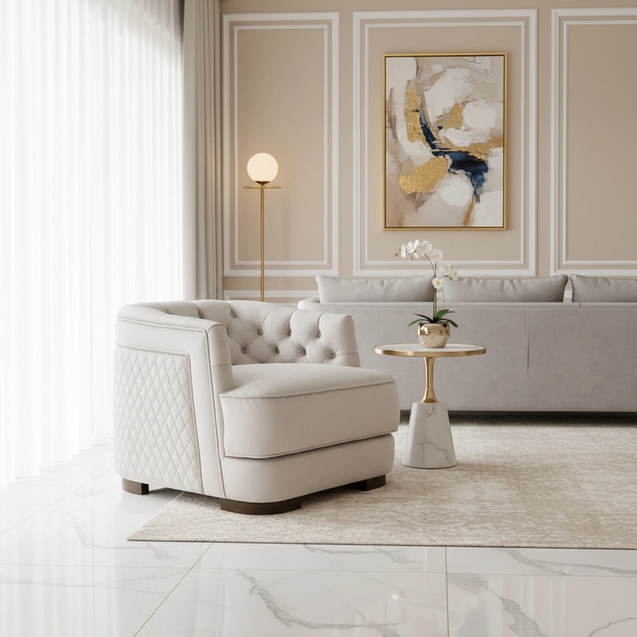 Modern living room with a beige armchair, sofa, and abstract art on the wall.