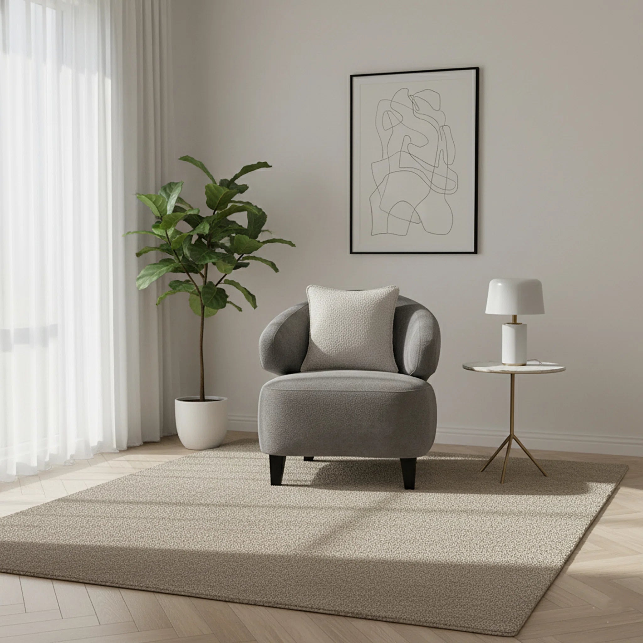 Modern living room with a gray armchair, plant, and abstract art on the wall.