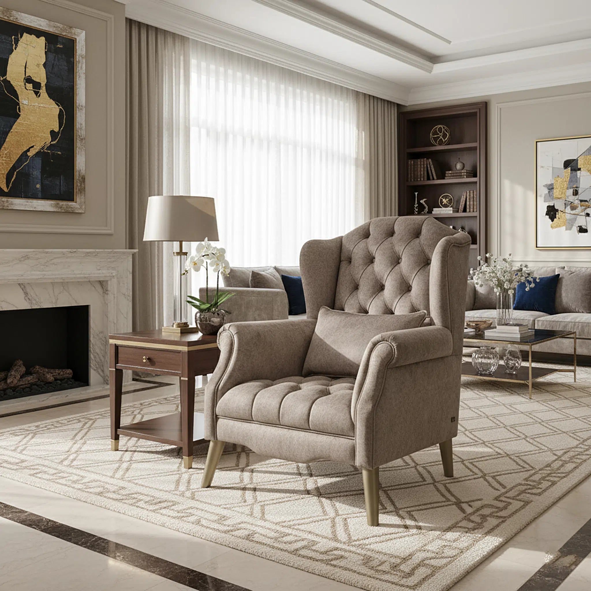 Luxurious living room with a tufted armchair, fireplace, and decorative elements.