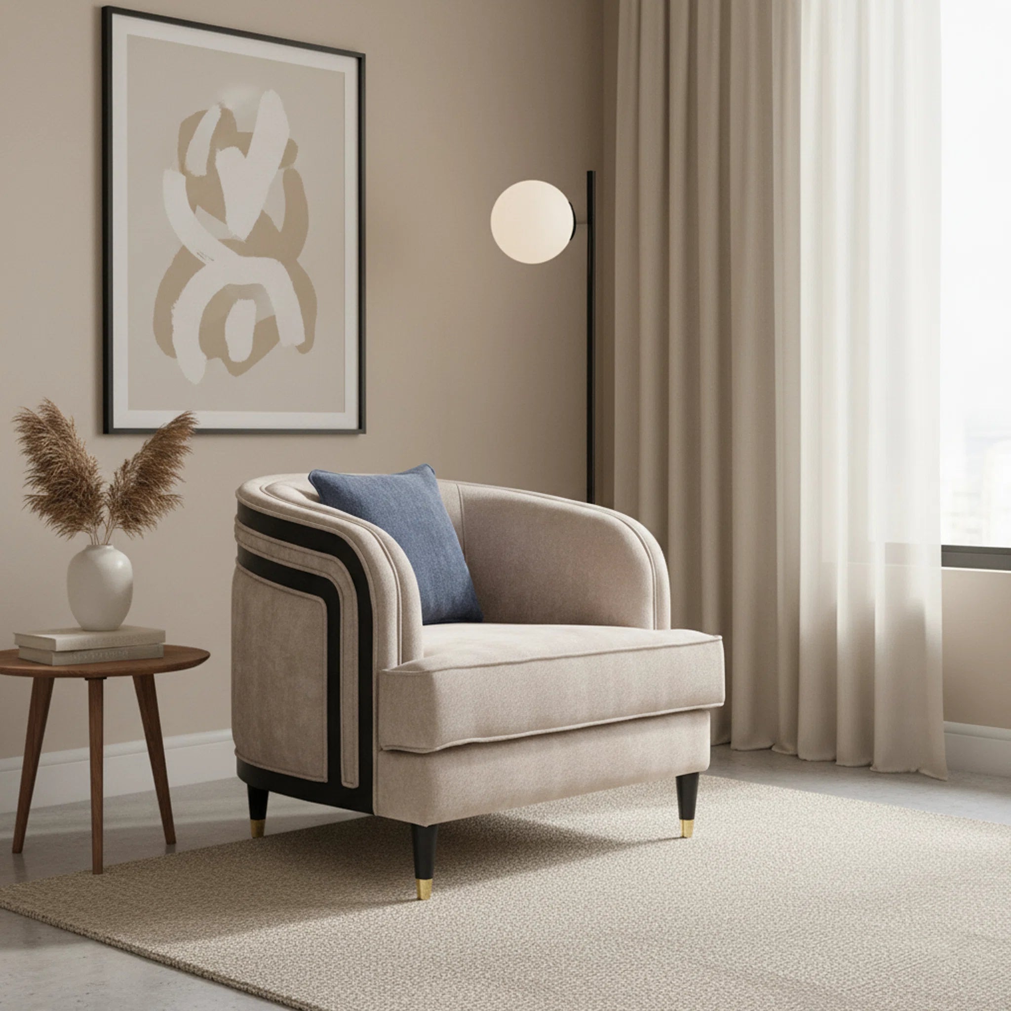Beige armchair with blue pillow in a stylish living room setting