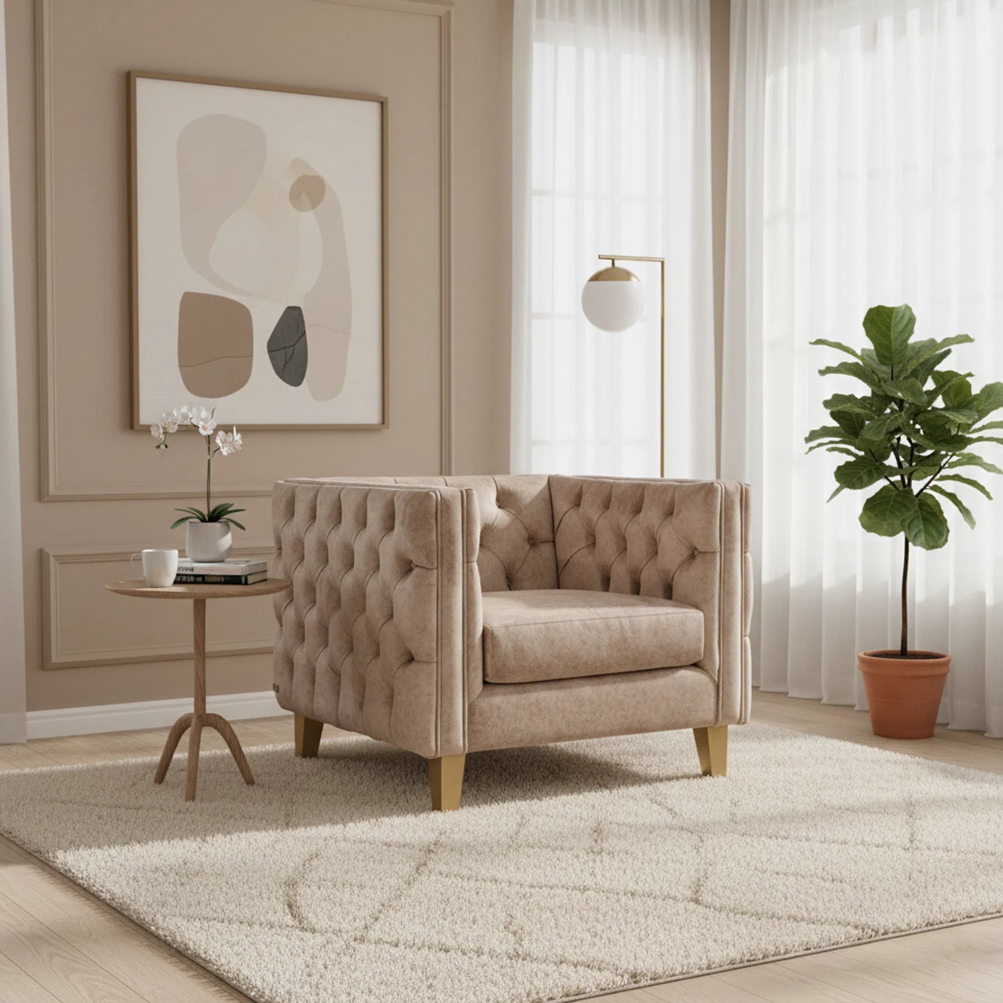 Beige armchair in a living room with abstract art, side table, and plants.