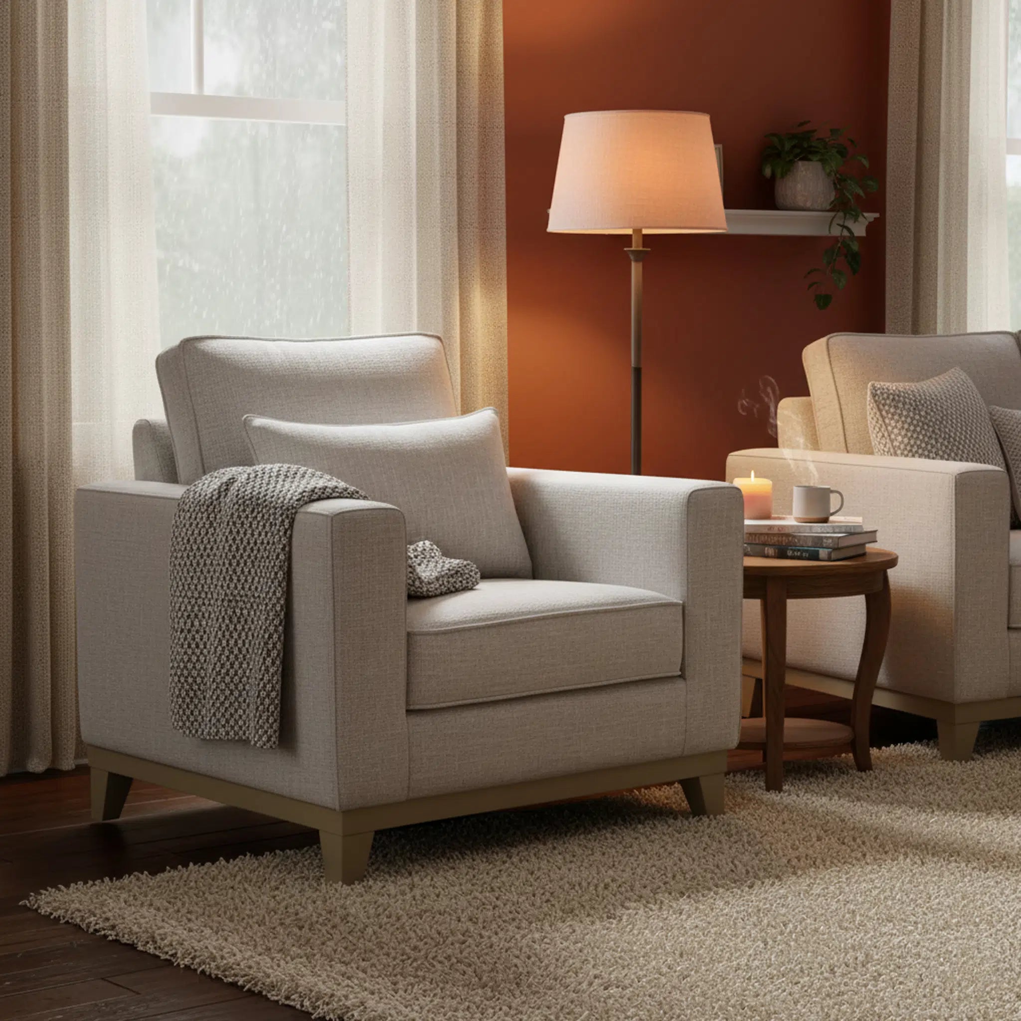 Cozy living room with beige armchair, lamp, and small table.